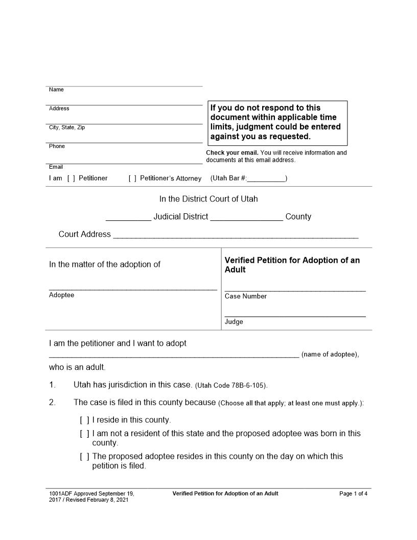 Verified Petition For Adoption Of An Adult {1001ADF} | Pdf Fpdf Docx | Utah