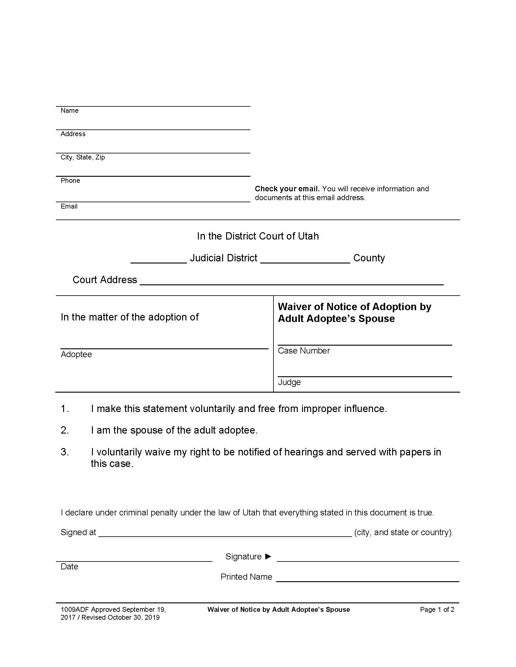 Waiver Of Notice Of Adoption By Adult Adoptees Spouse {1009ADF} | Pdf Fpdf Docx | Utah