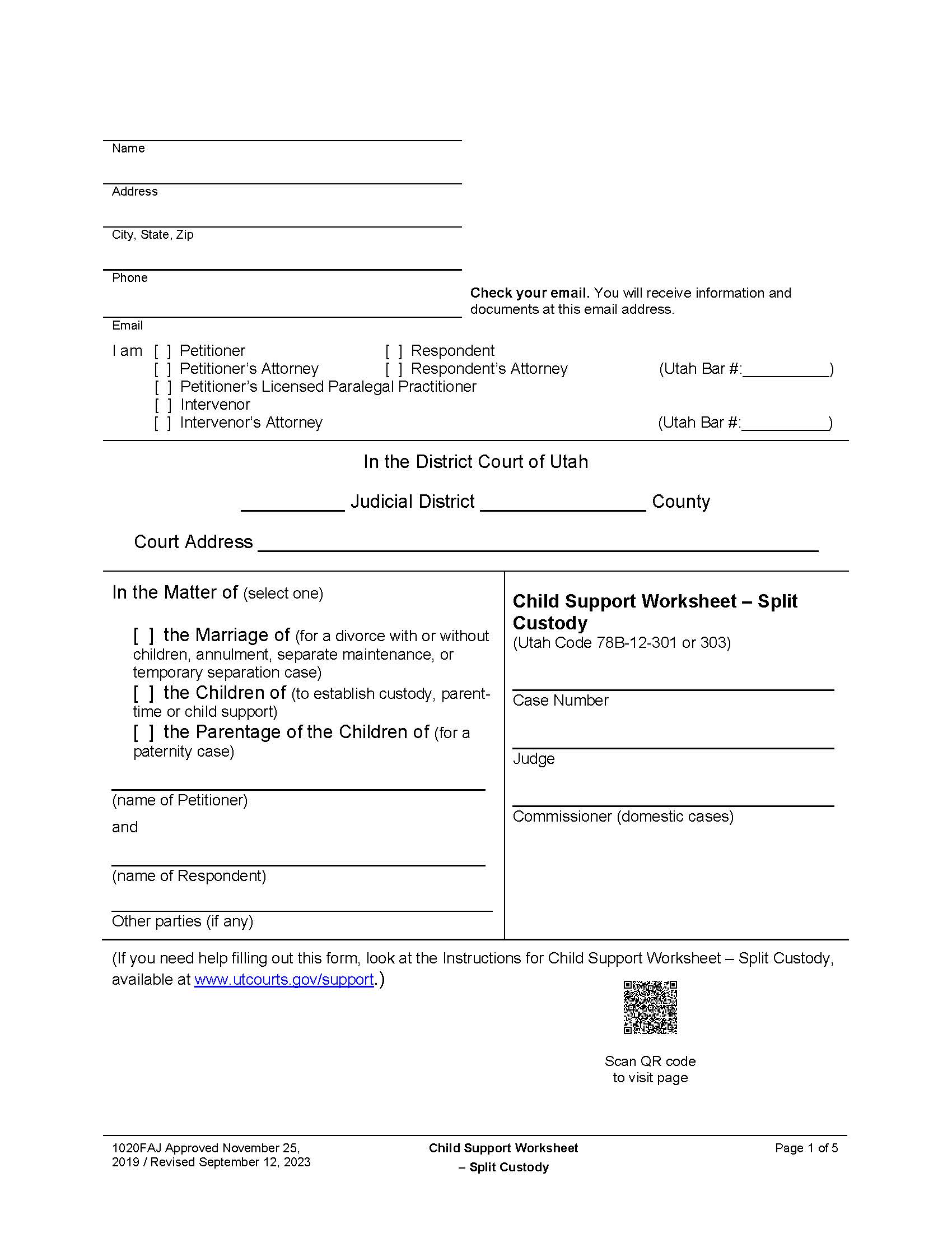Child Support Obligation Worksheet (Split Custody) {1022FAJ} | Pdf Fpdf Doc Docx | Utah