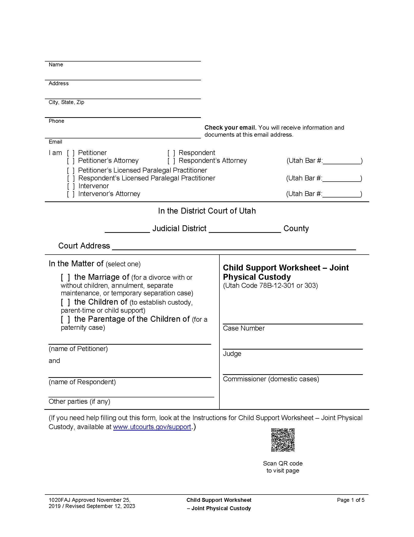 Child Support Obligation Worksheet - Joint Physical Custody {1020FAJ} | Pdf Fpdf Docx | Utah