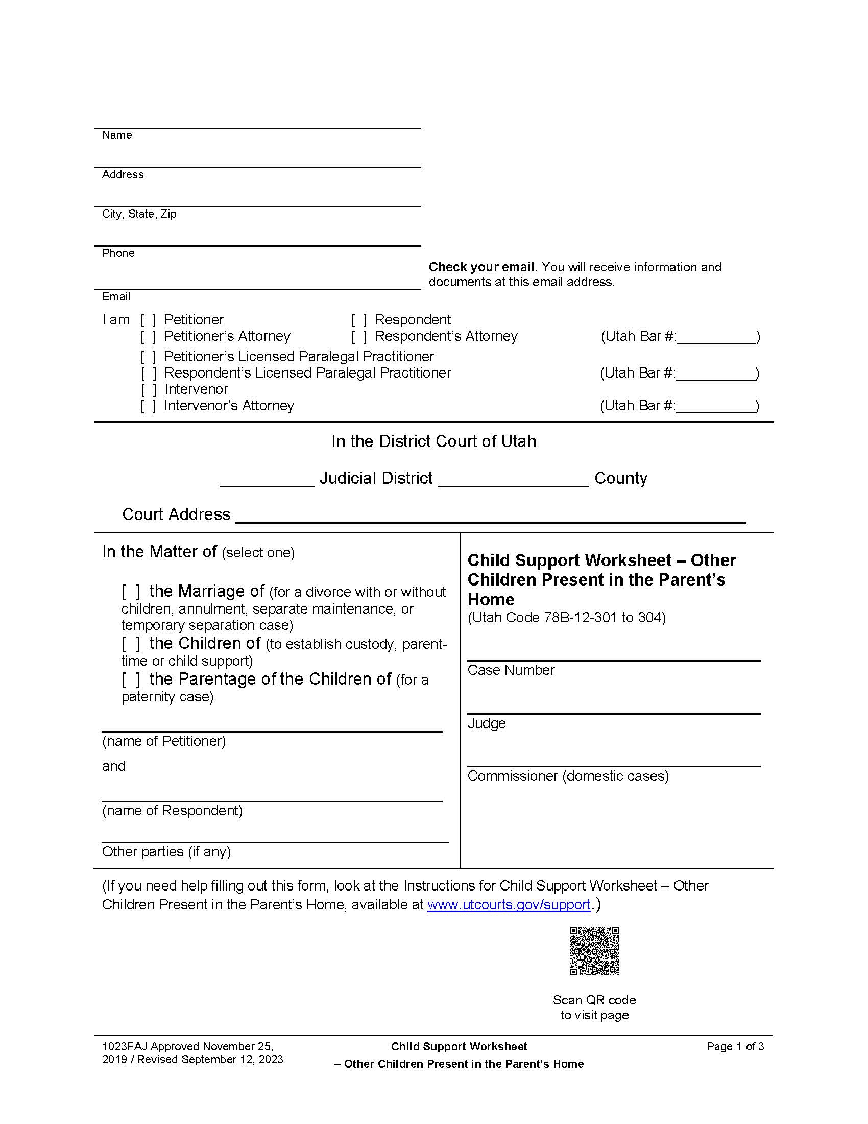 Child Support Obligation Worksheet - Other Children Present In Parents Home {1023FAJ} | Pdf Fpdf Docx | Utah