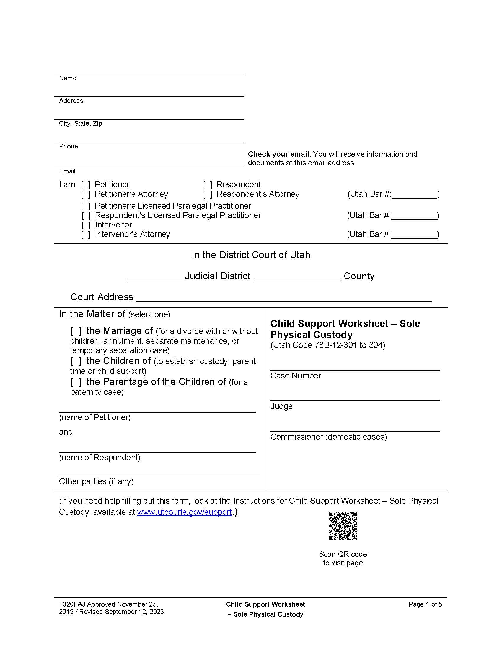Child Support Obligation Worksheet - Sole Physical Custody {1021FAJ} | Pdf Fpdf Docx | Utah