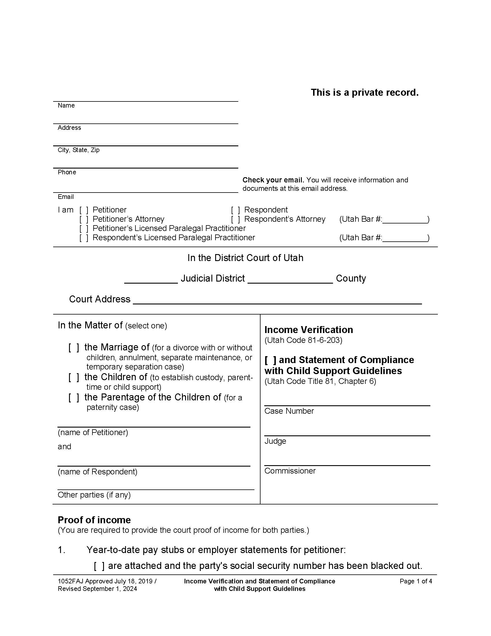 Income Verification And Statement Of Compliance With Child Support Guidelines {1052FAJ} | Pdf Fpdf Docx | Utah