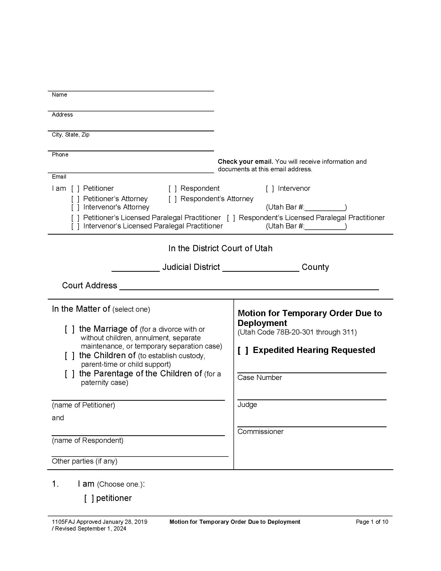 Motion For Temporary Order Due To Deployment (Expedited Hearing Requested) {1105FAJ} | Pdf Fpdf Docx | Utah
