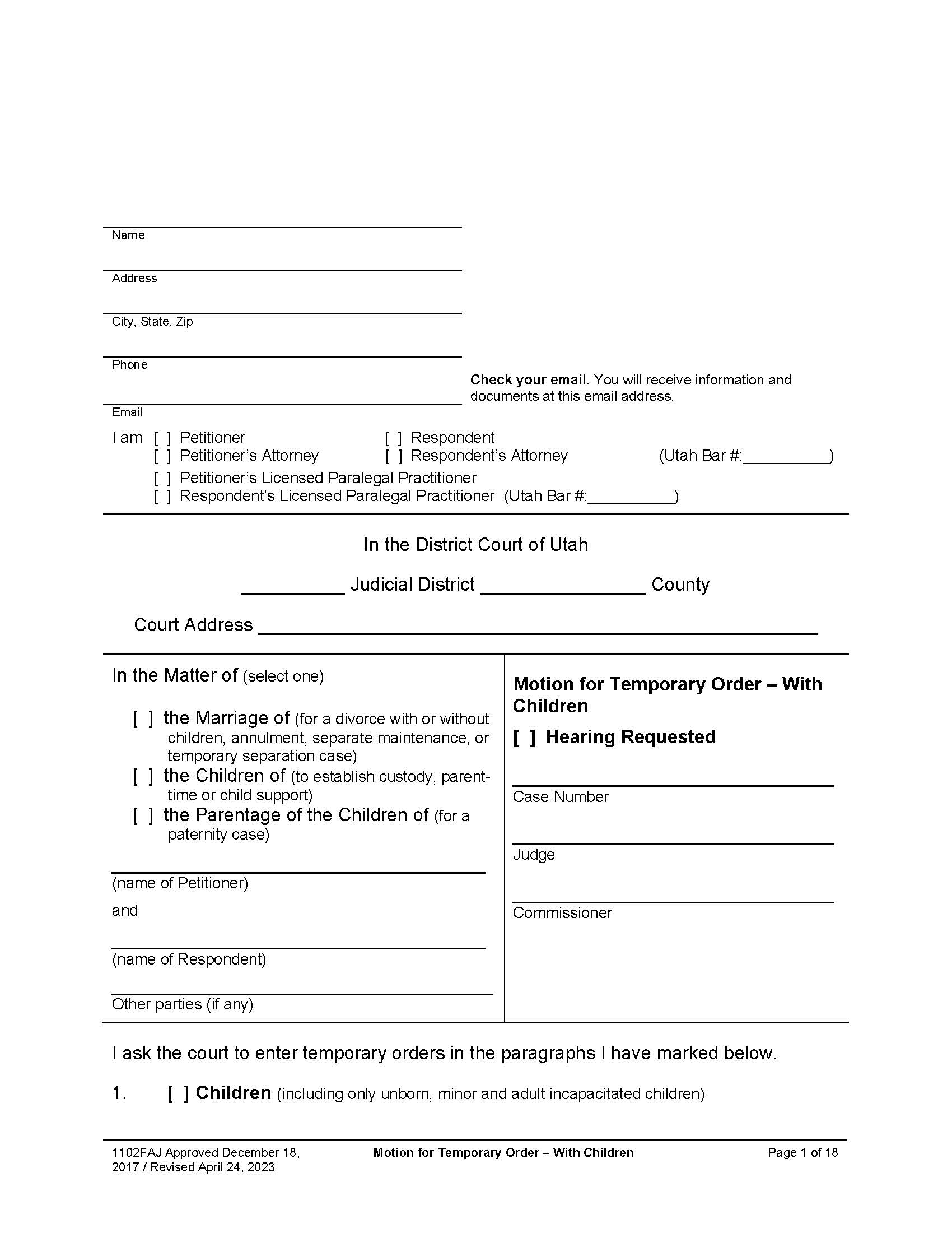 Motion For Temporary Order With Children (Hearing Requested) {1102FAJ} | Pdf Fpdf Docx | Utah