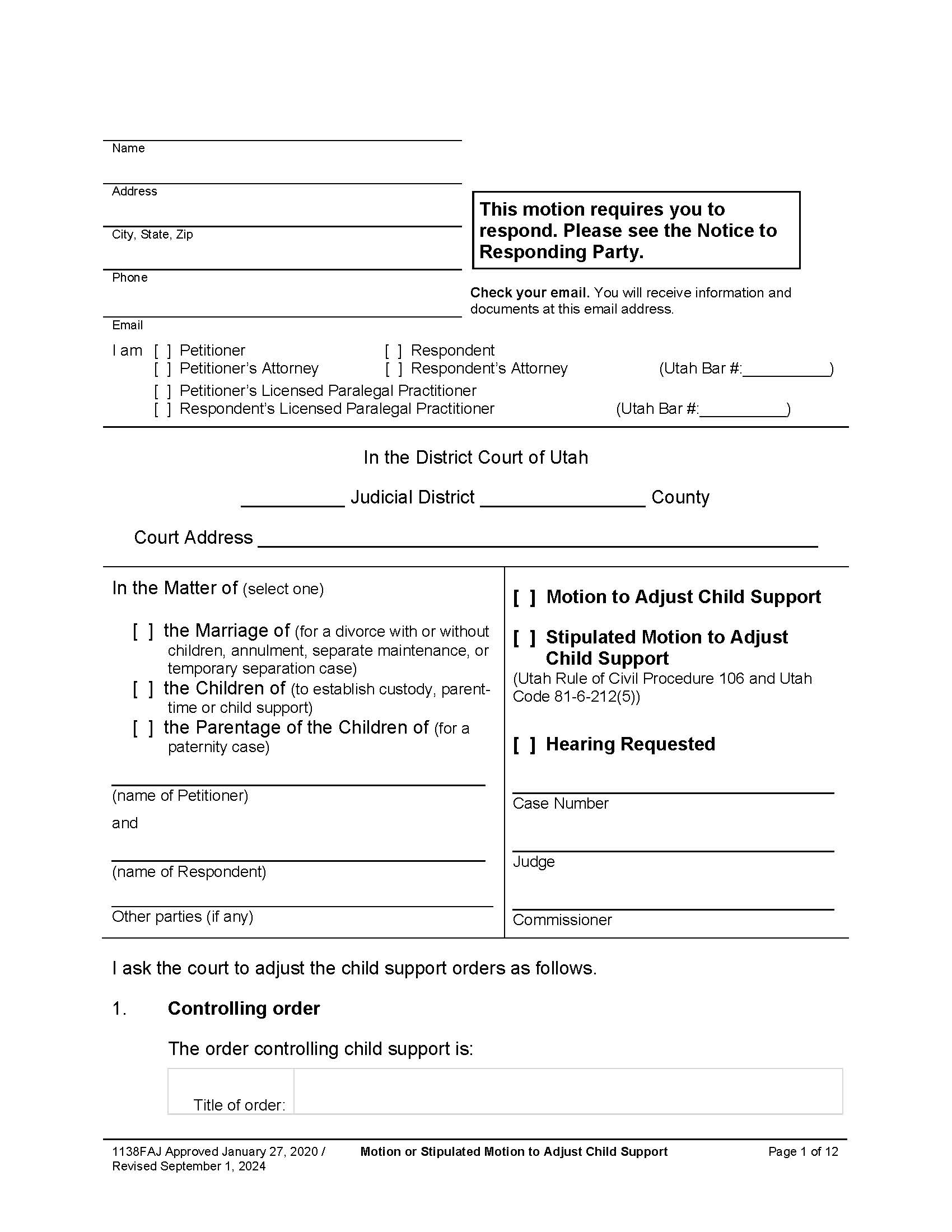 Motion Or Stipulated Motion To Adjust Child Support (Hearing Requested) {1138FAJ} | Pdf Fpdf Docx | Utah