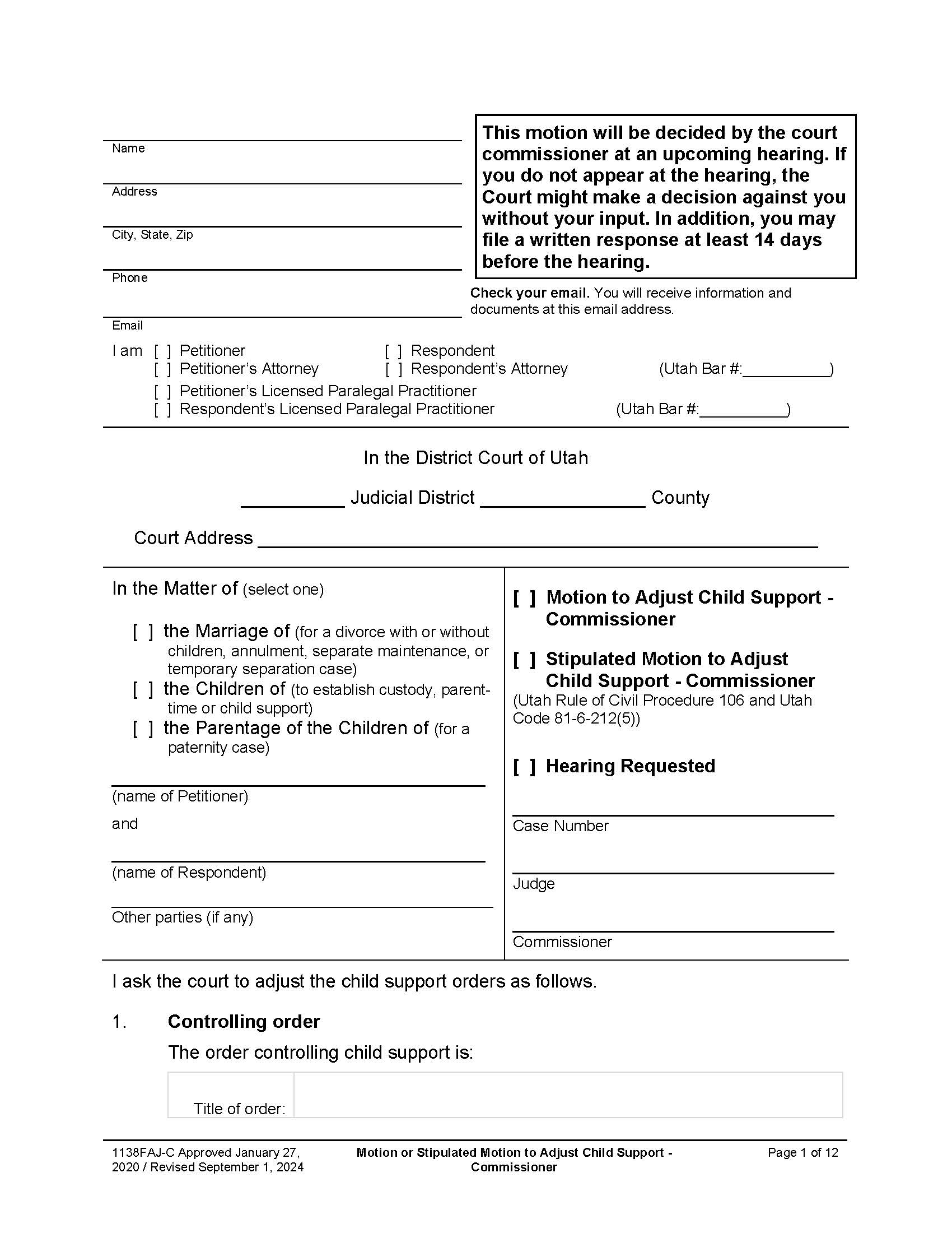 Motion Or Stipulated Motion To Adjust Child Support - Commissioner (Hearing Requested) {1138FAJ-C} | Pdf Fpdf Docx | Utah