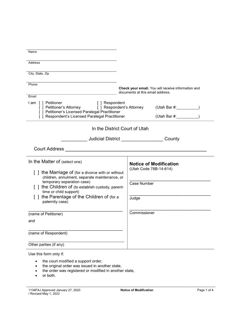 Notice Of Modification {1134FAJ} | Pdf Fpdf Docx | Utah