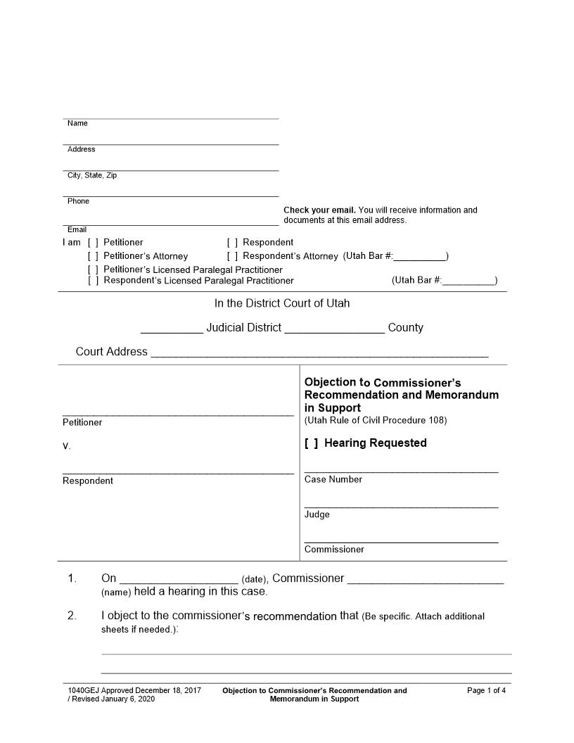 Objection To Commissioners Recommendation And Memorandum In Support {1040GEJ} | Pdf Fpdf Docx | Utah