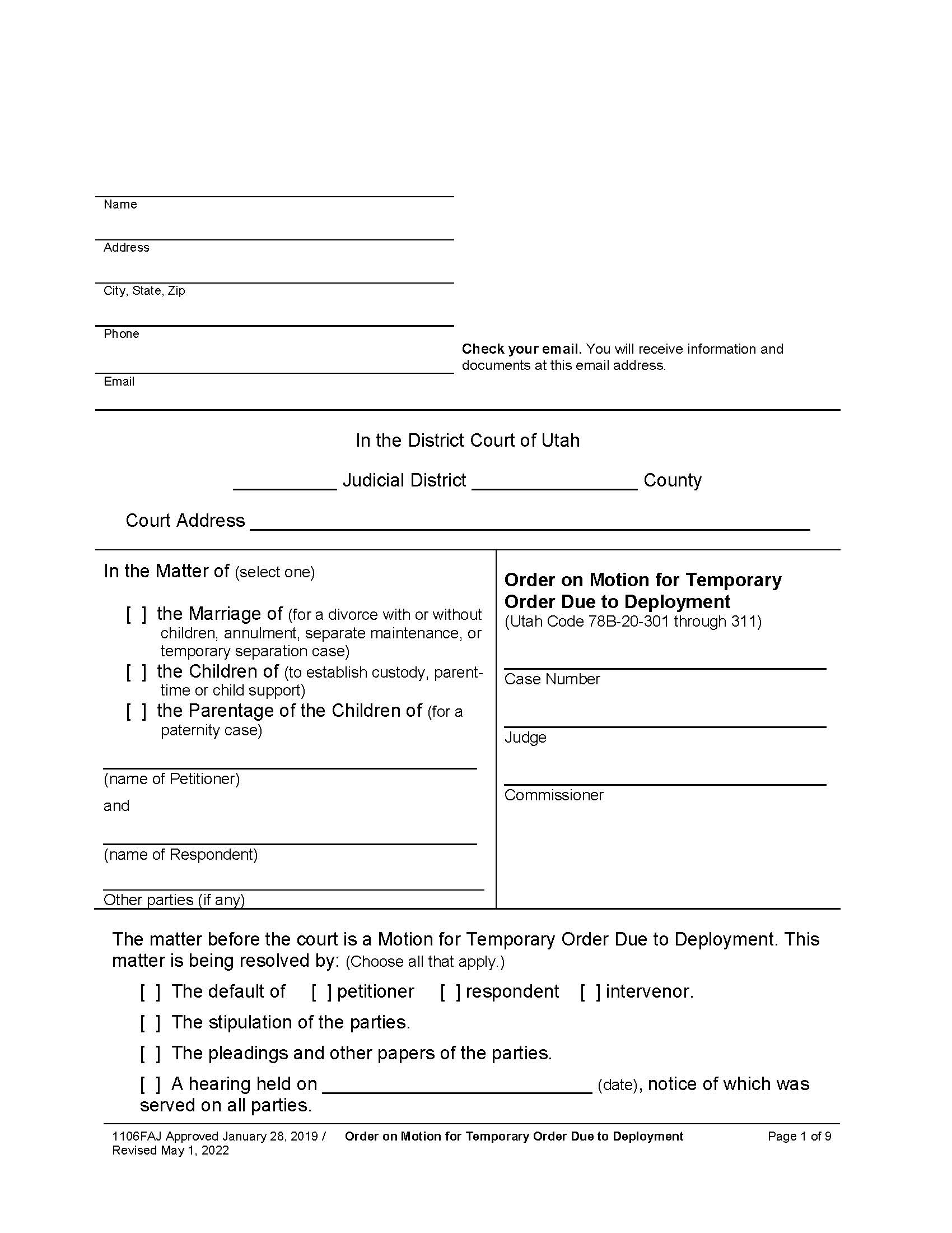 Order On Motion For Temporary Order Due To Deployment {1106FAJ} | Pdf Fpdf Docx | Utah