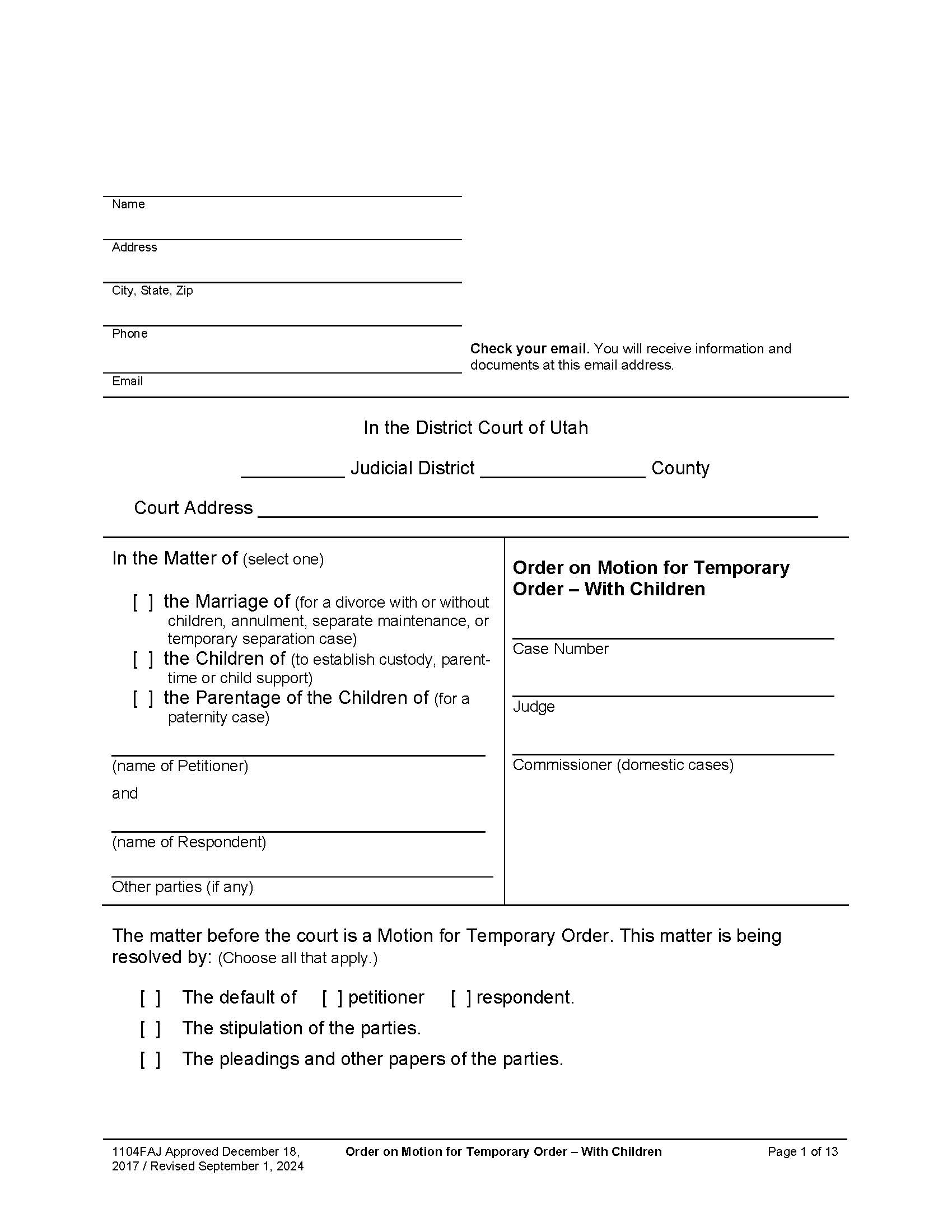 Order On Motion For Temporary Order With Children {1104FAJ} | Pdf Fpdf Docx | Utah