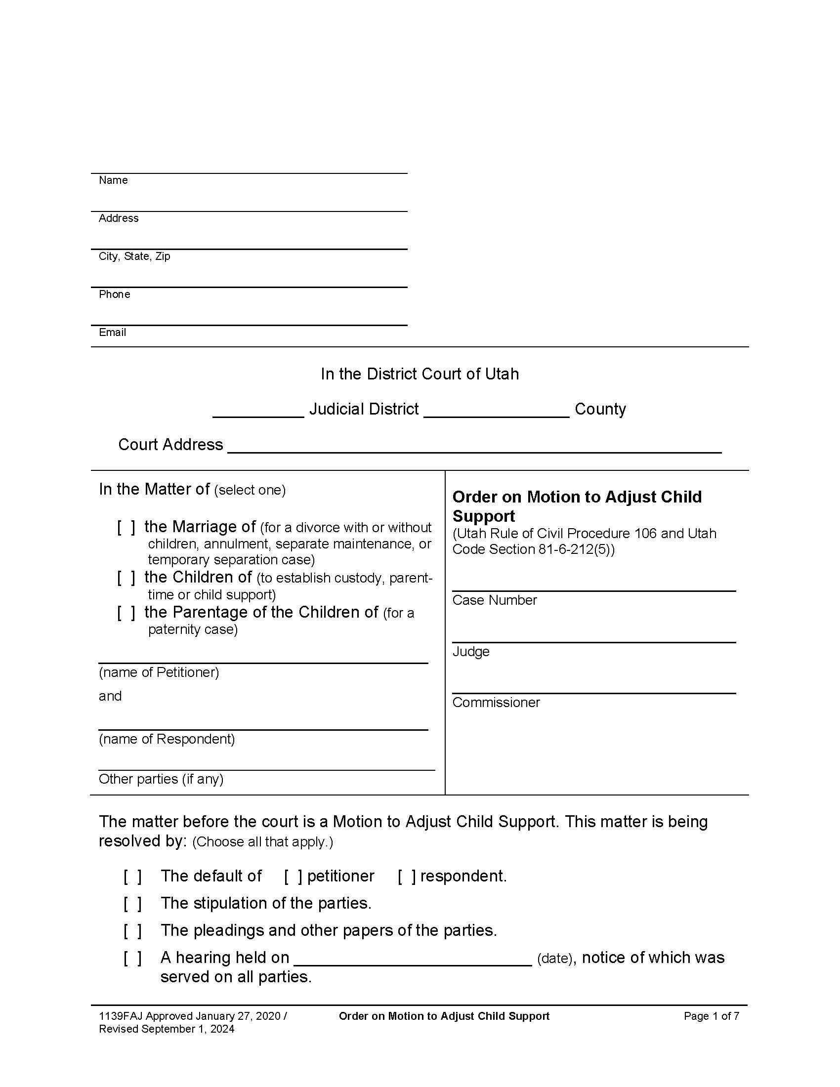 Order On Motion To Adjust Child Support {1139FAJ} | Pdf Fpdf Docx | Utah