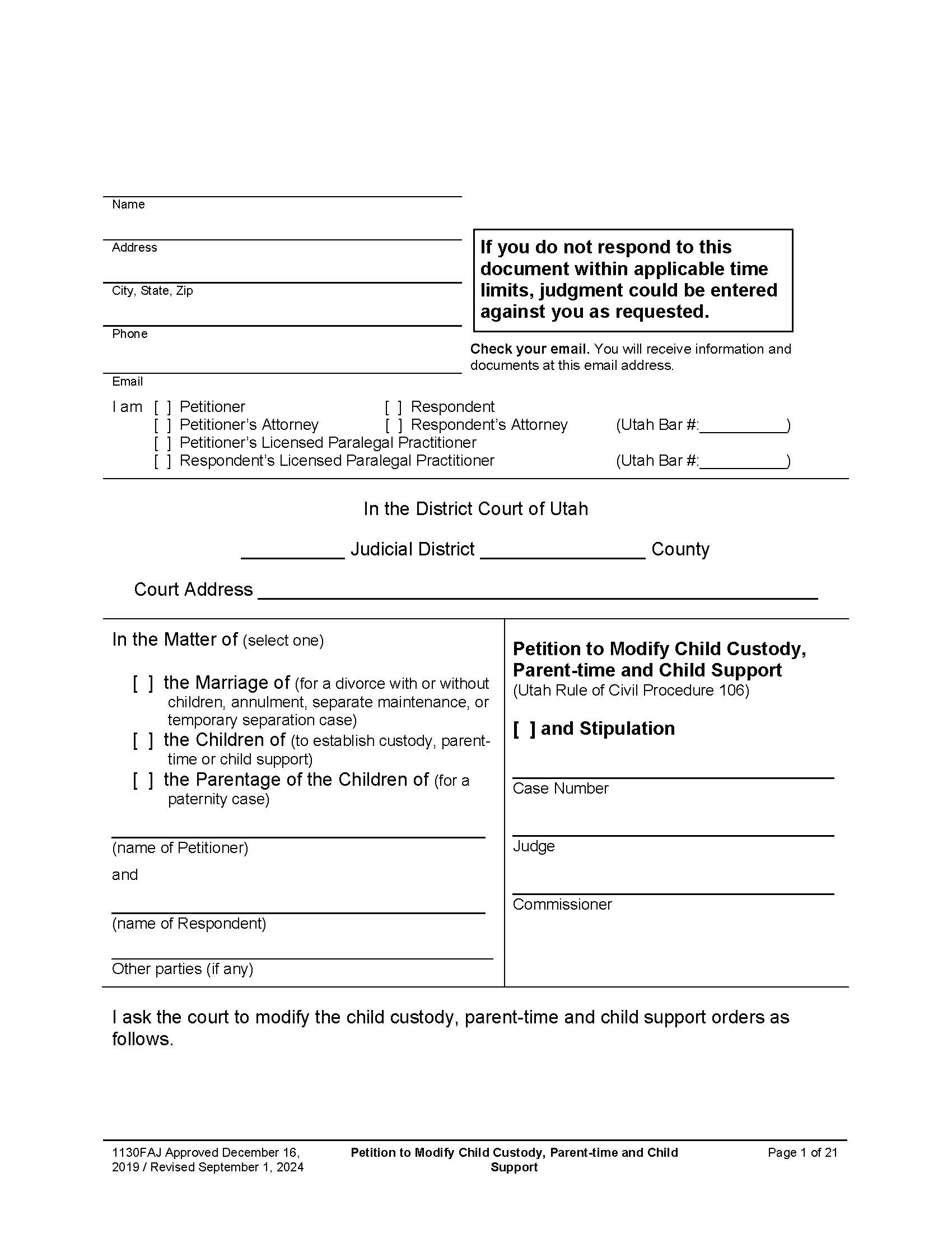 Petition To Modify Child Custody Parent-Time Support (And Stipulation) {1130FAJ} | Pdf Fpdf Docx | Utah