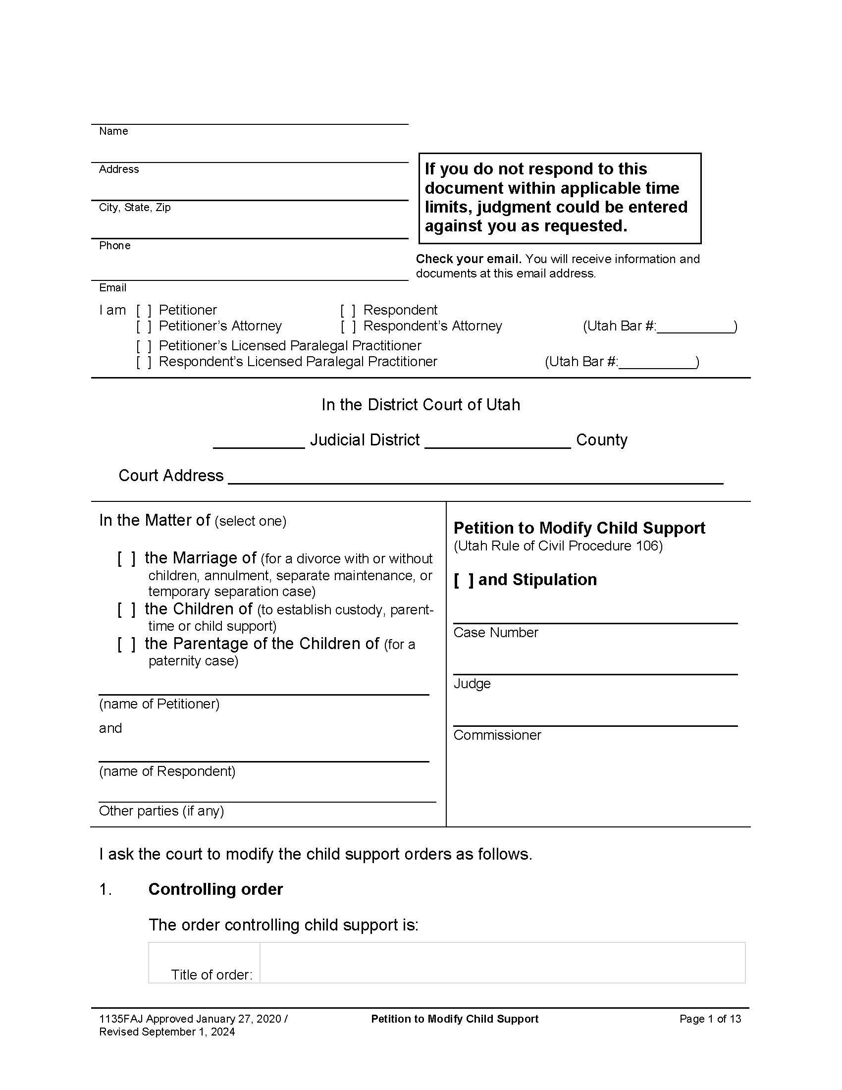 Petition To Modify Child Support (And Stipulation) {1135FAJ} | Pdf Fpdf Docx | Utah