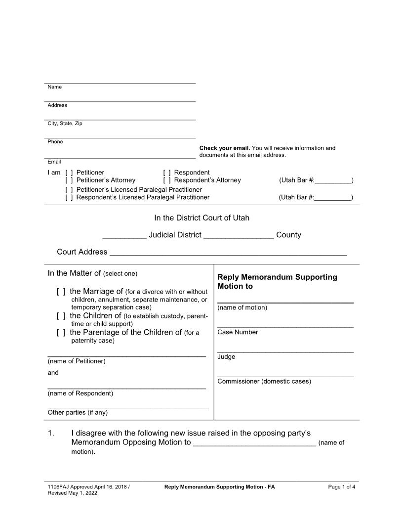 Reply Memorandum Supporting Motion {1106FAJ} | Pdf Fpdf Docx | Utah