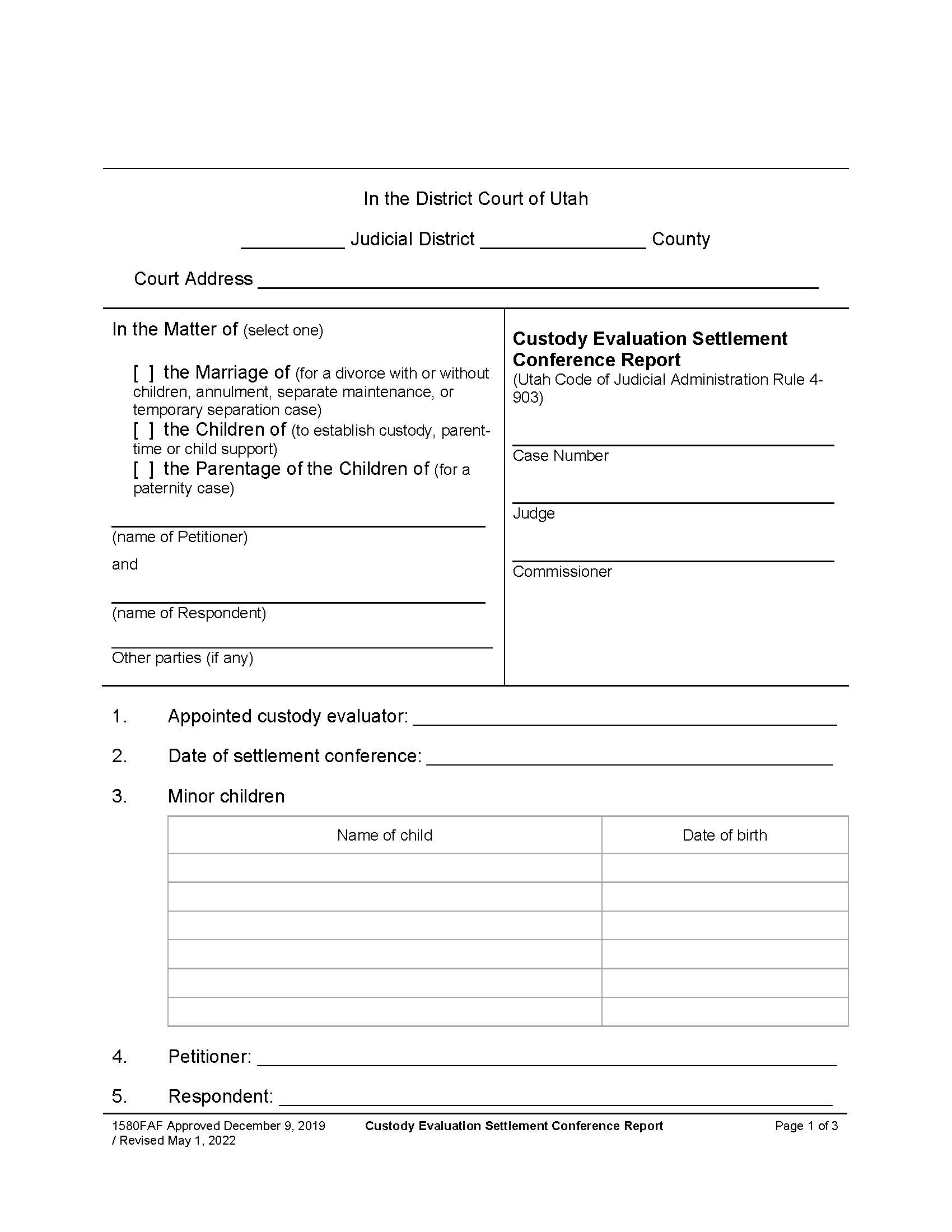 Custody Evaluation Settlement Conference Report {1580FAF} | Pdf Fpdf Doc Docx | Utah