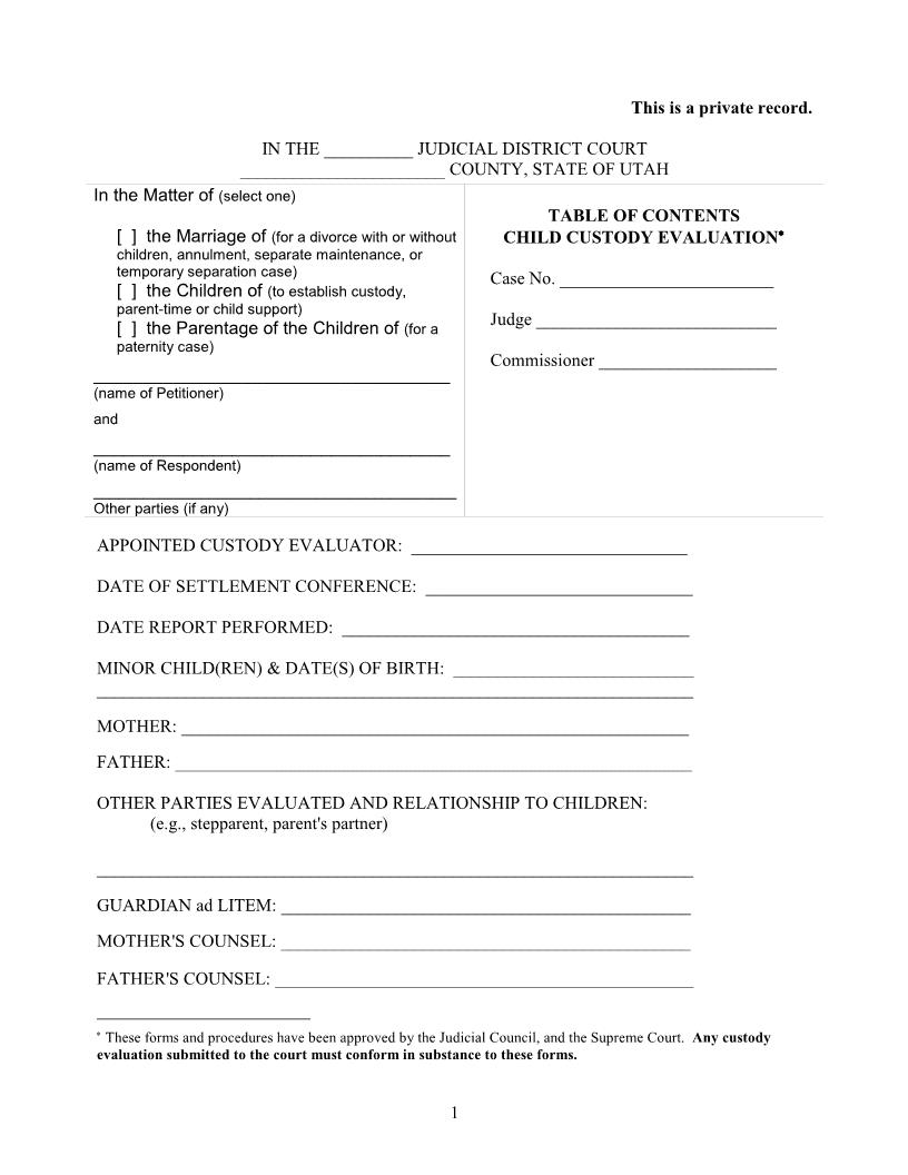 Table Of Contents Child Custody Evaluation | Pdf Fpdf Doc Docx | Utah