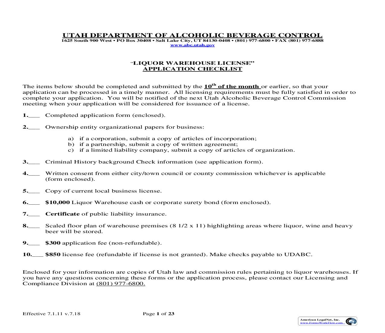 Liquor Warehouse License Application |  | Utah