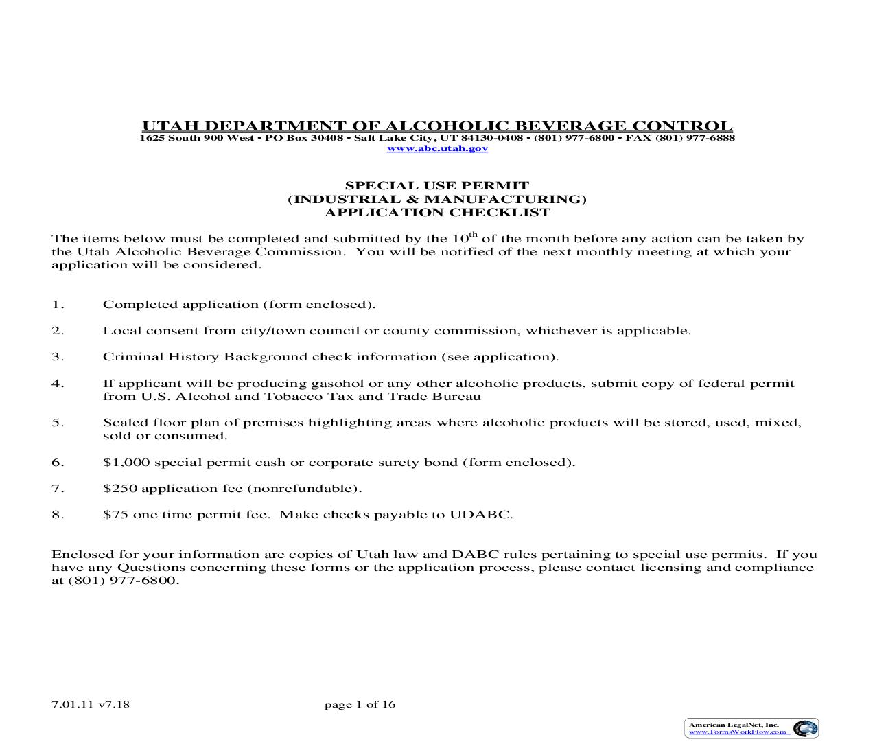 Special Use Permit Industrial And Manufacturing  Application |  | Utah