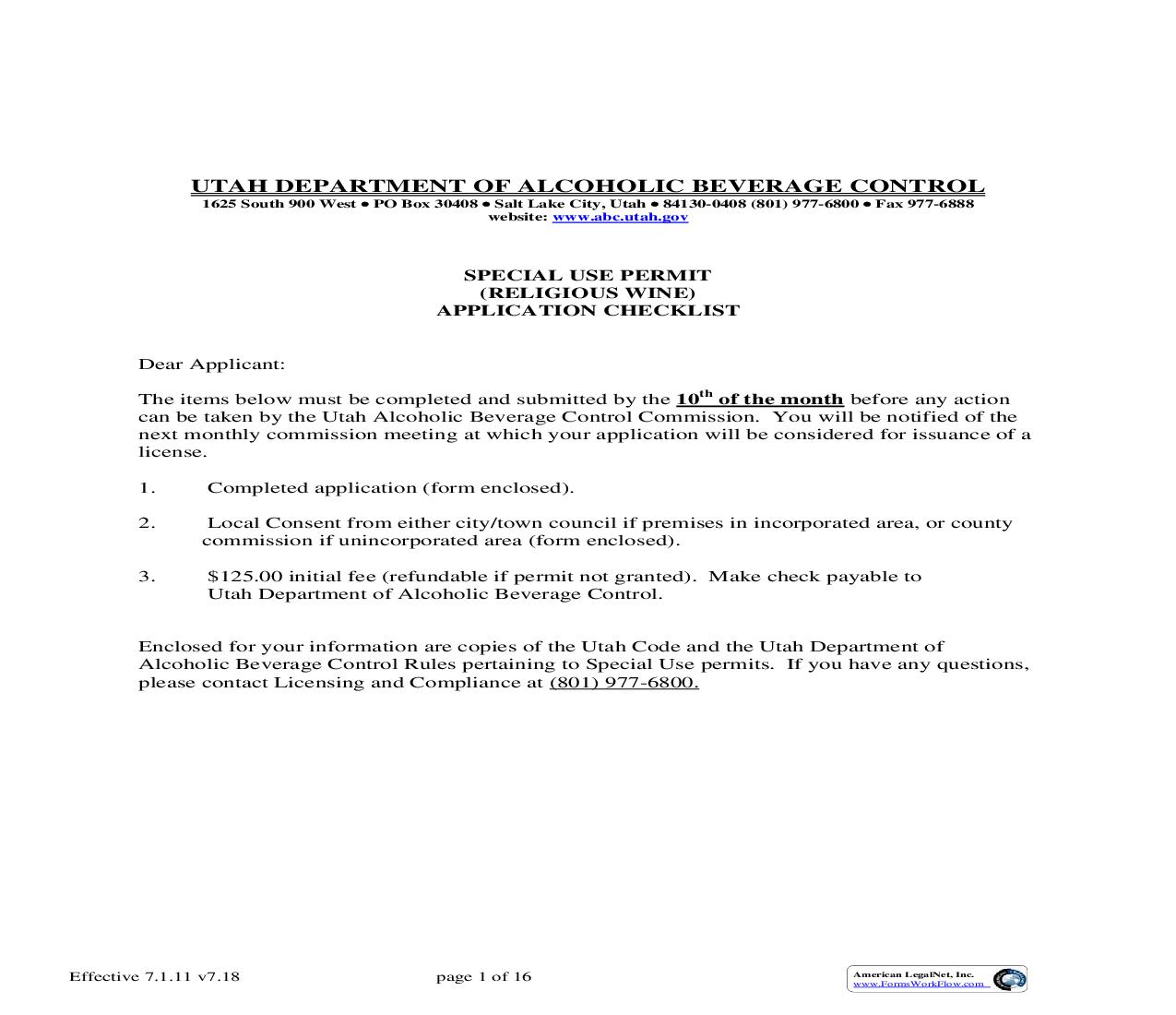 Special Use Permit Religious Wine  Application |  | Utah