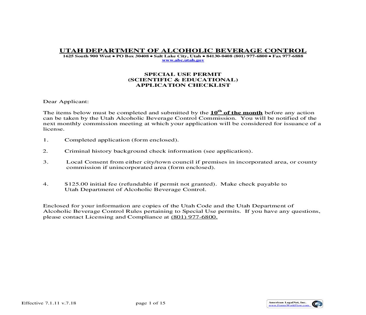 Special Use Permit Scientific And Educational Application |  | Utah