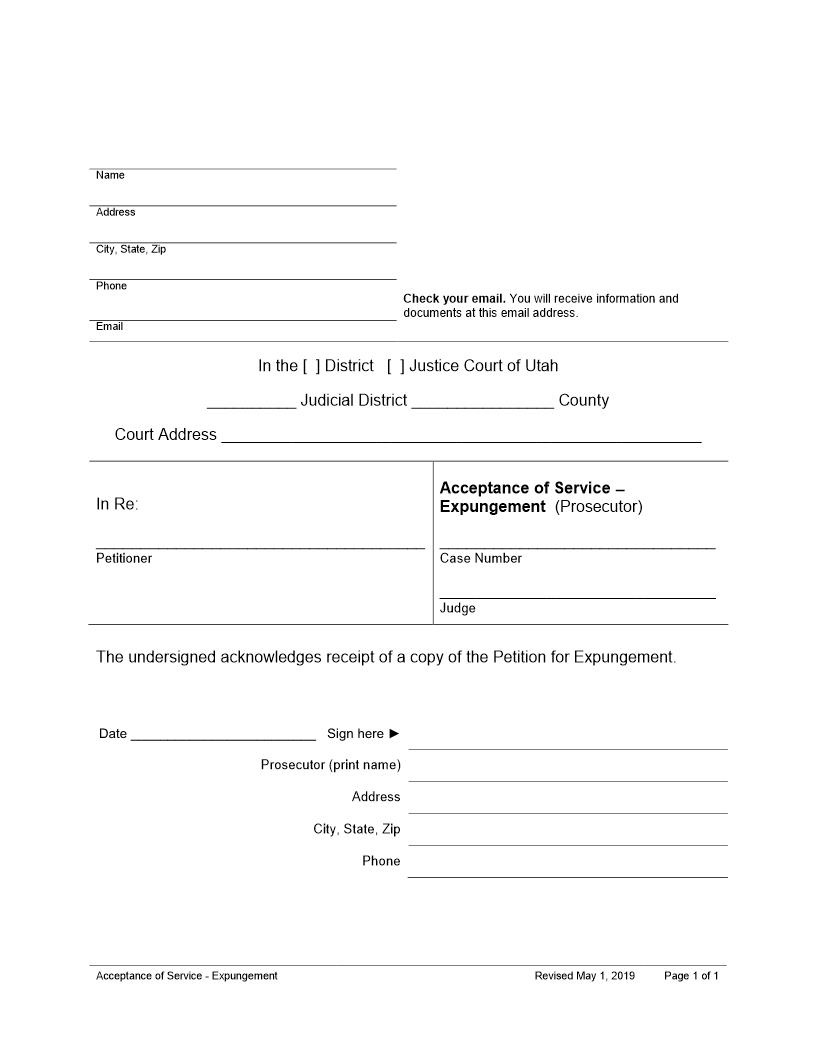 Acceptance Of Service - Expungement (Prosecutor) | Pdf Fpdf Docx | Utah