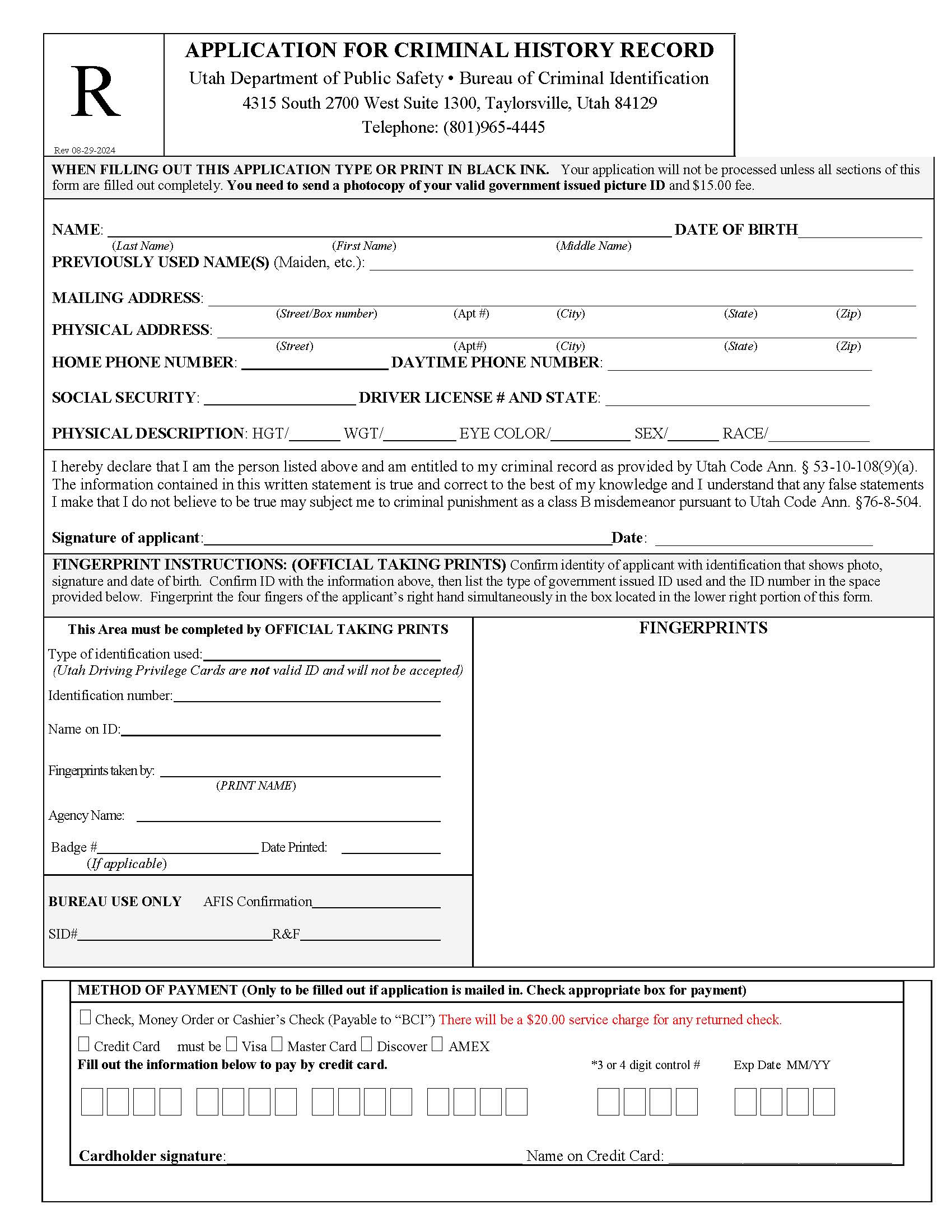 Application For Criminal History Record | Pdf Fpdf Docx | Utah