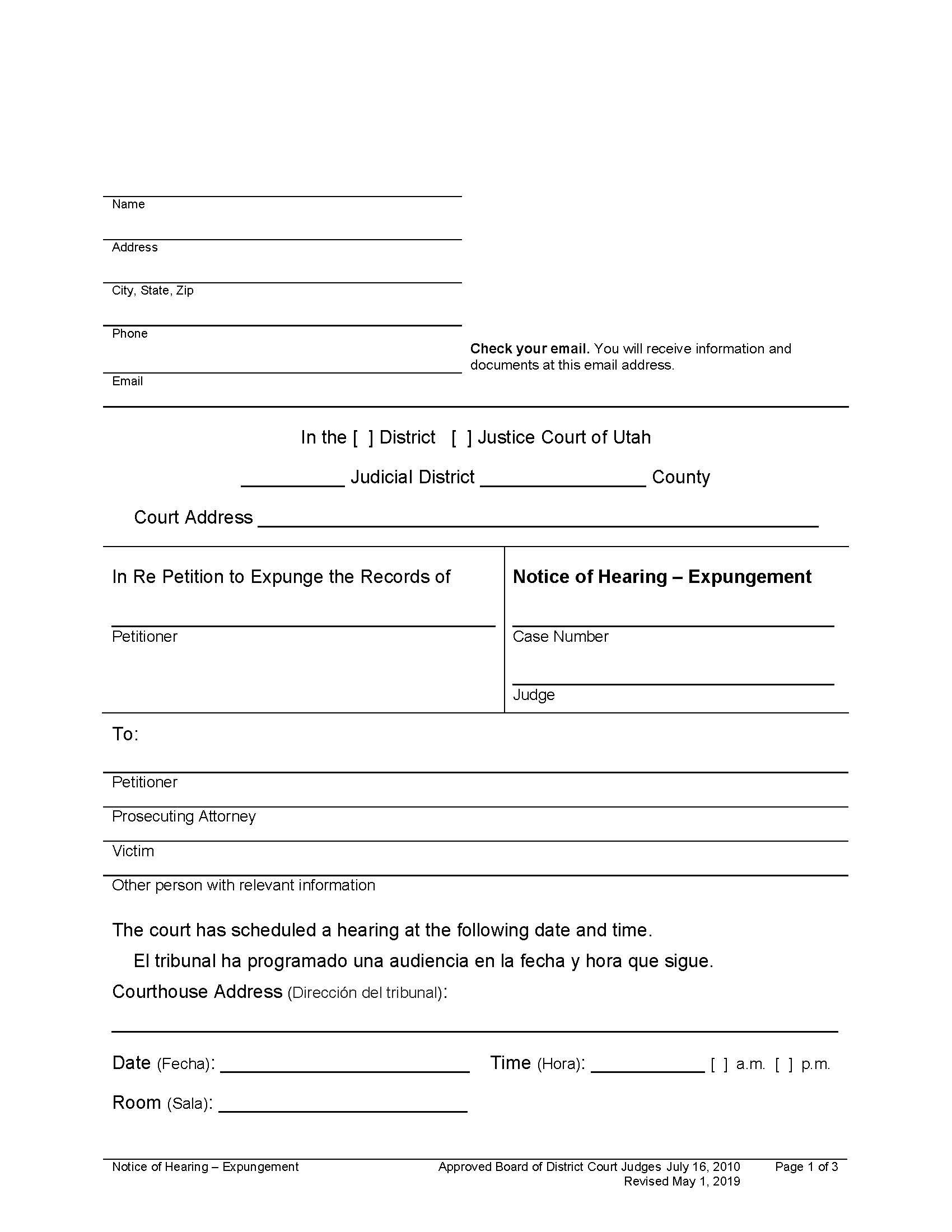 Notice Of Hearing - Expungement | Pdf Fpdf Docx | Utah