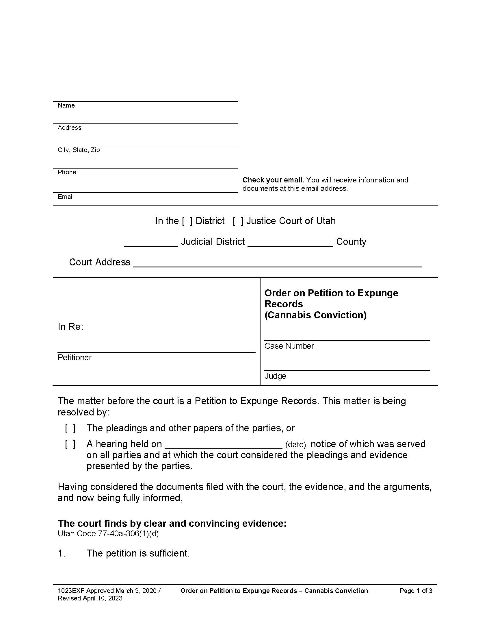 Order On Petition To Expunge Records (Cannabis Conviction) {1023EXF} | Pdf Fpdf Docx | Utah