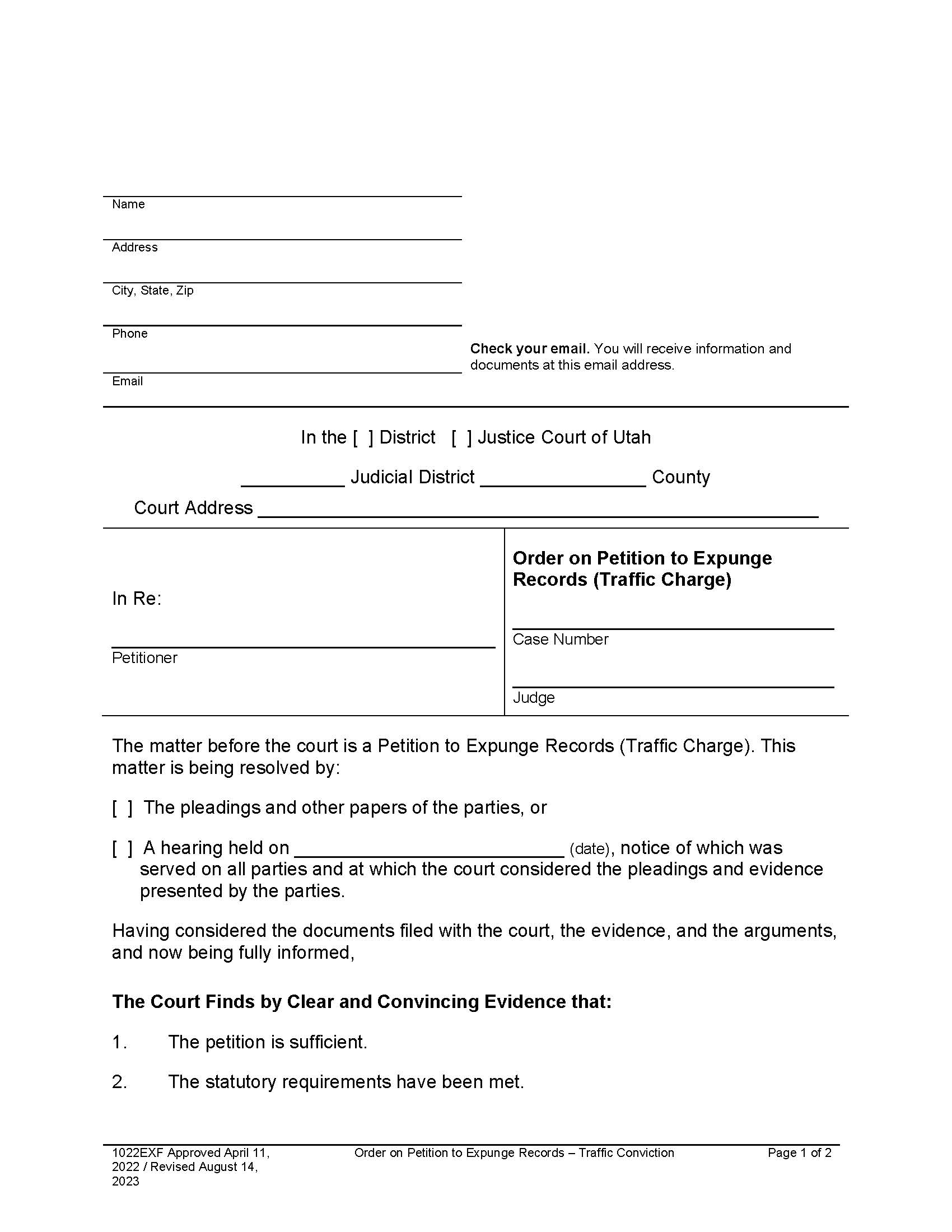Order On Petition To Expunge Records (Traffic Conviction) {1022EXF} | Pdf Fpdf Docx | Utah