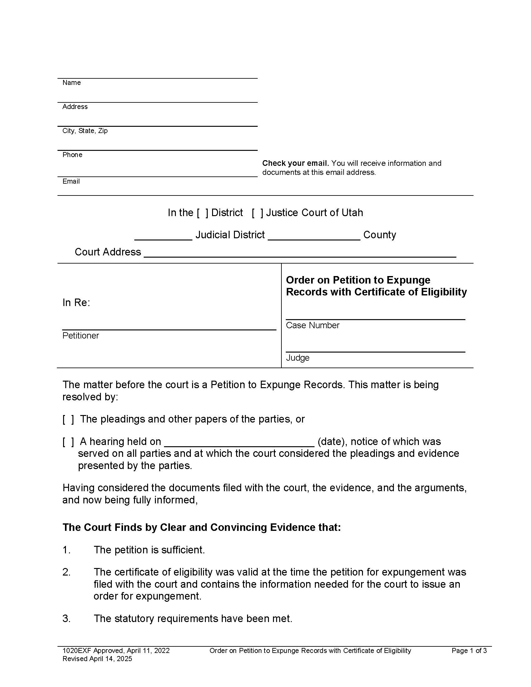 Order On Petition To Expunge Records With Certificate Of Eligibility {1020EX} | Pdf Fpdf Docx | Utah