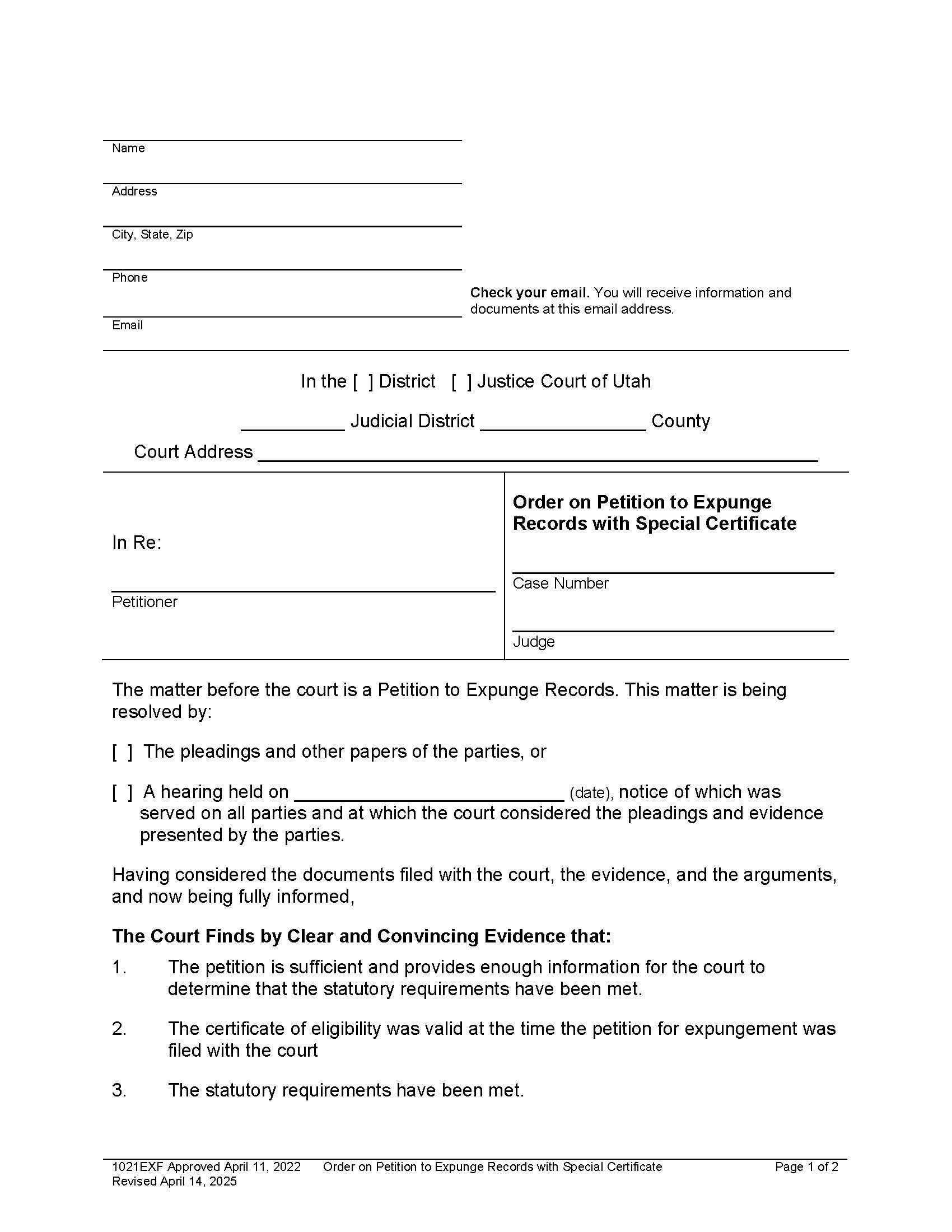 Order On Petition To Expunge Records With Special Certificate {1021EX} | Pdf Fpdf Docx | Utah