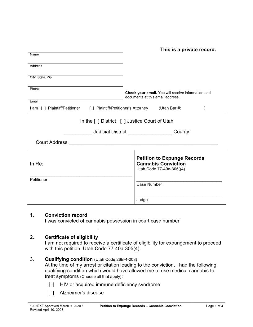 Petition To Expunge Records (Cannabis Conviction) {1003EXF} | Pdf Fpdf Docx | Utah