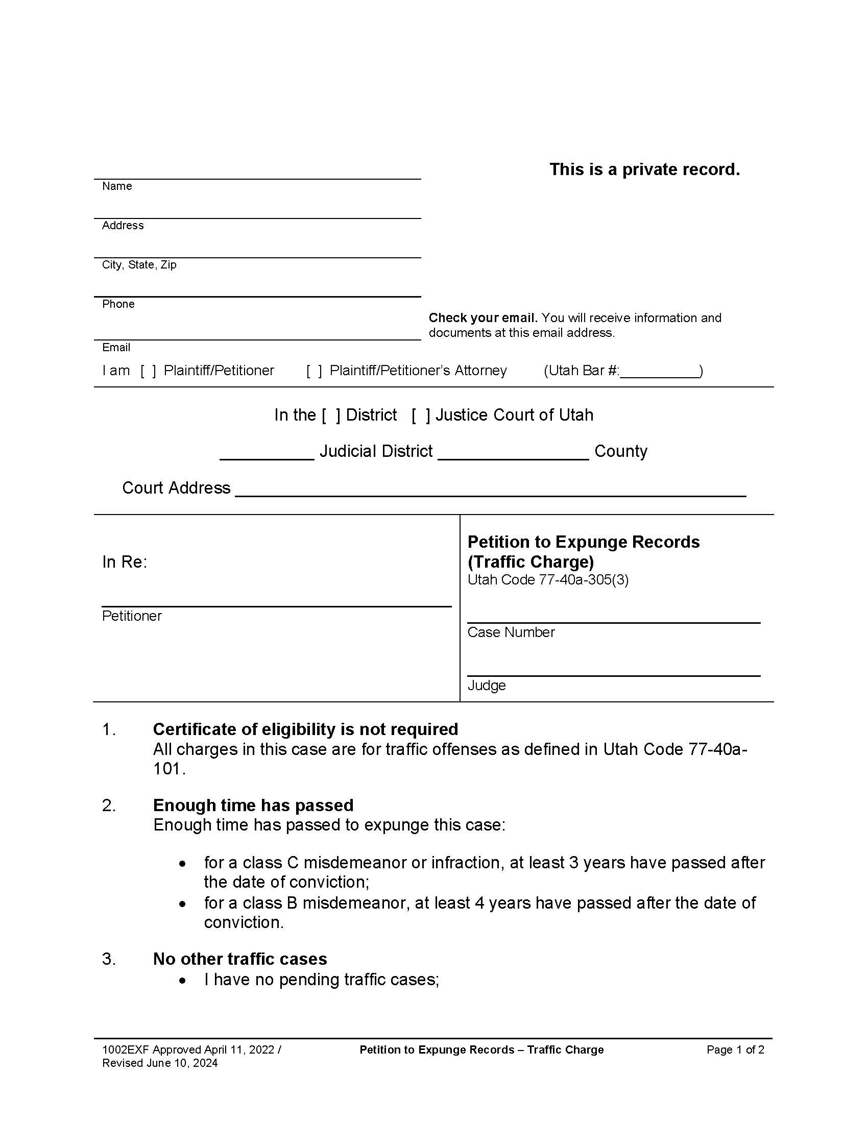 Petition To Expunge Records (Traffic Conviction) {1002EXF} | Pdf Fpdf Docx | Utah