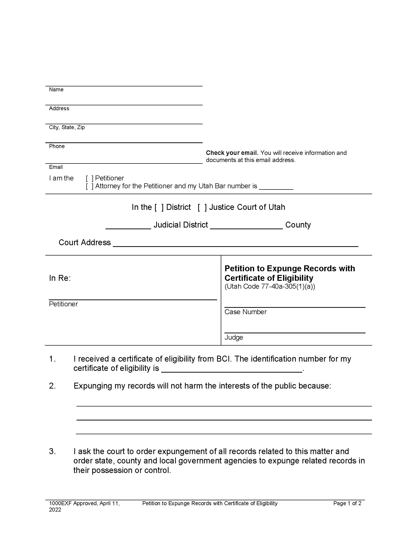 Petition To Expunge Records With Certificate Of Eligibility {1000EXF} | Pdf Fpdf Docx | Utah