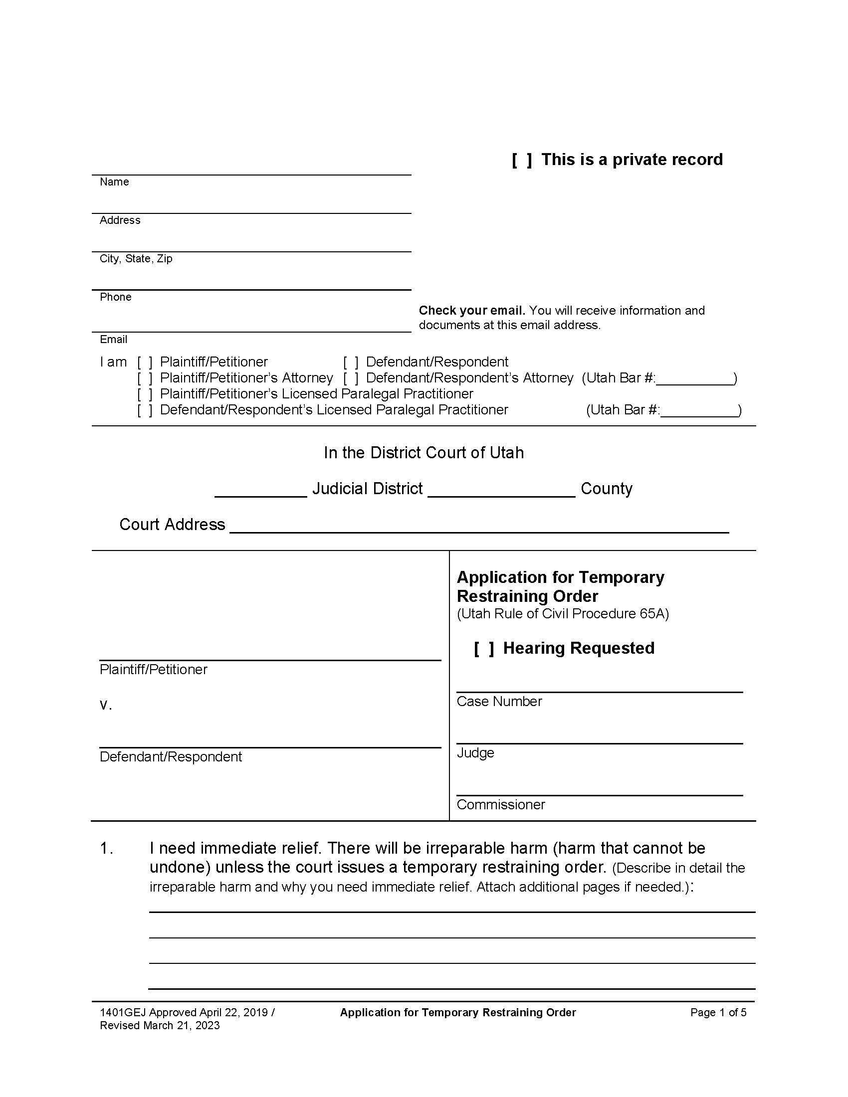 Application For Temporary Restraining Order {1401GEJ} | Pdf Fpdf Docx | Utah