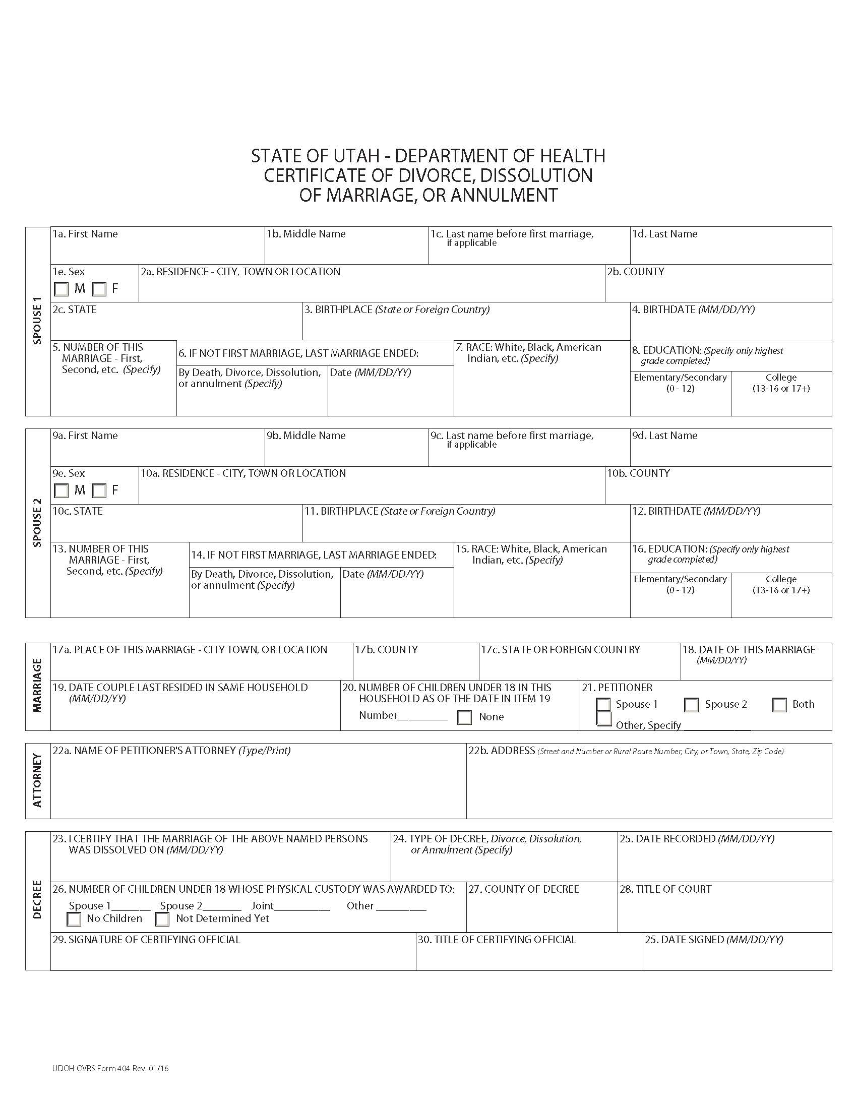 Certificate Of Divorce Dissolution Of Marriage Or Annulment | Pdf Fpdf Doc Docx | Utah