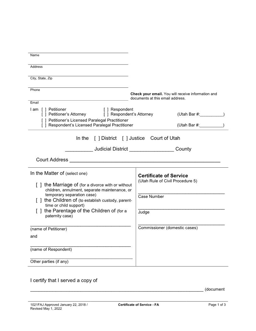 Certificate Of Service {1021FAJ} | Pdf Fpdf Docx | Utah