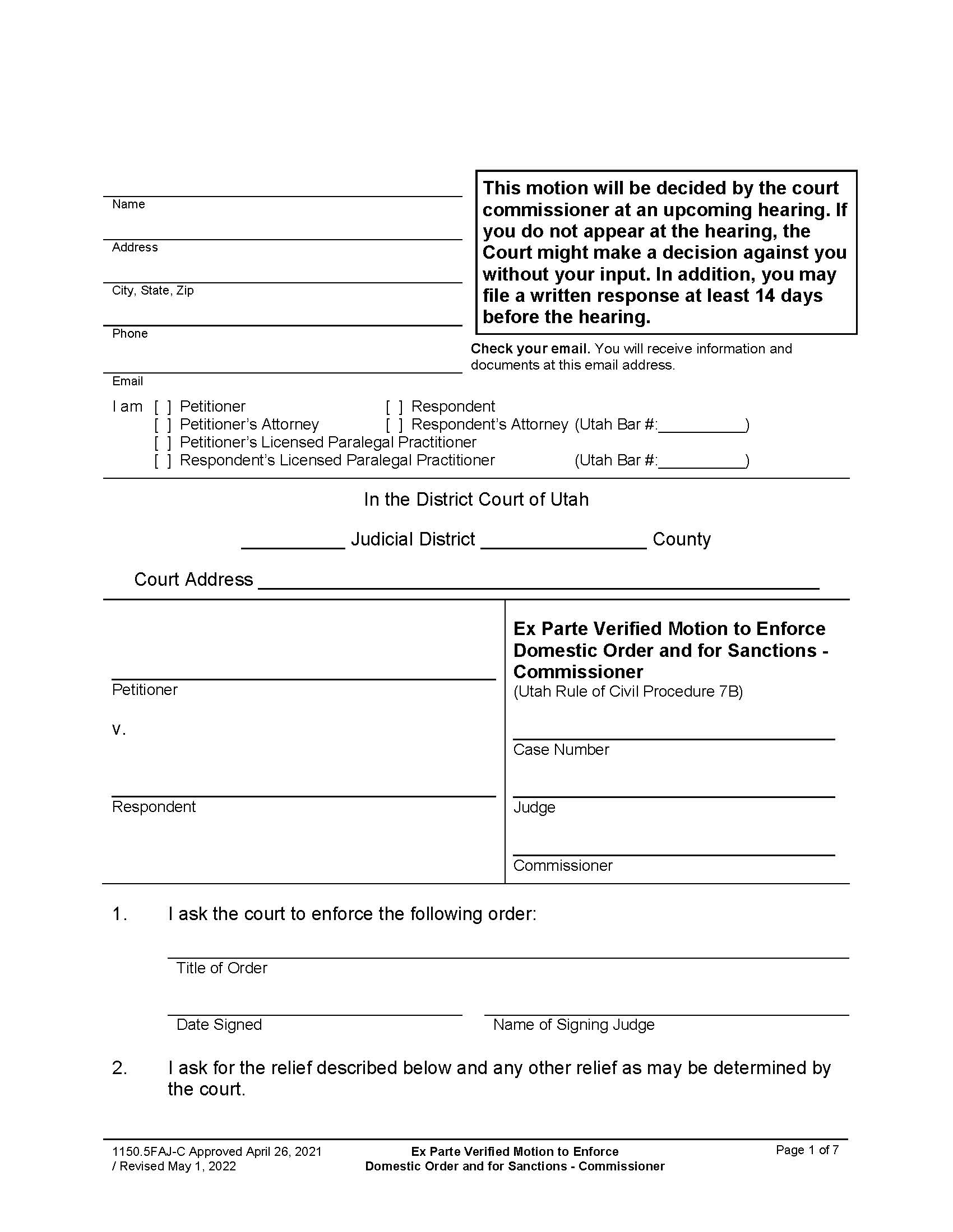 Ex Parte Verified Motion To Enforce Domestic Order - Sanctions - Commissioner {1150FAJ-C} | Pdf Fpdf Docx | Utah