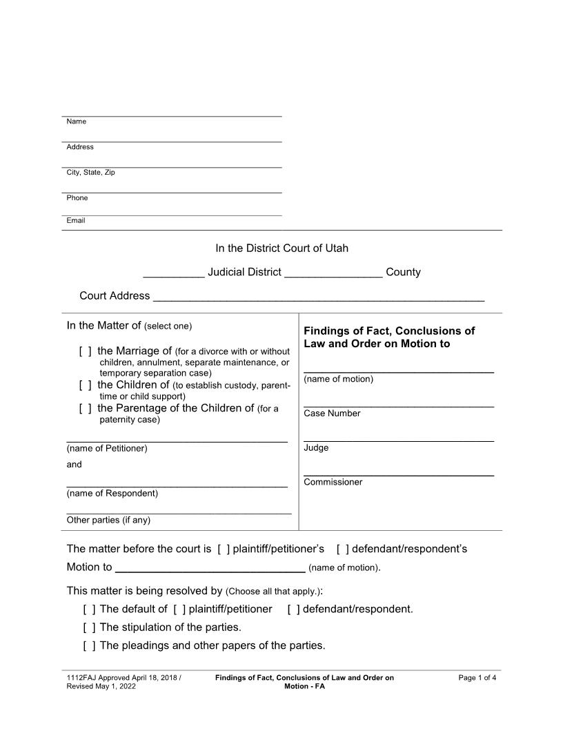 Findings Of Fact Conclusions Of Law And Order On Motion {1112FAJ} | Pdf Fpdf Docx | Utah