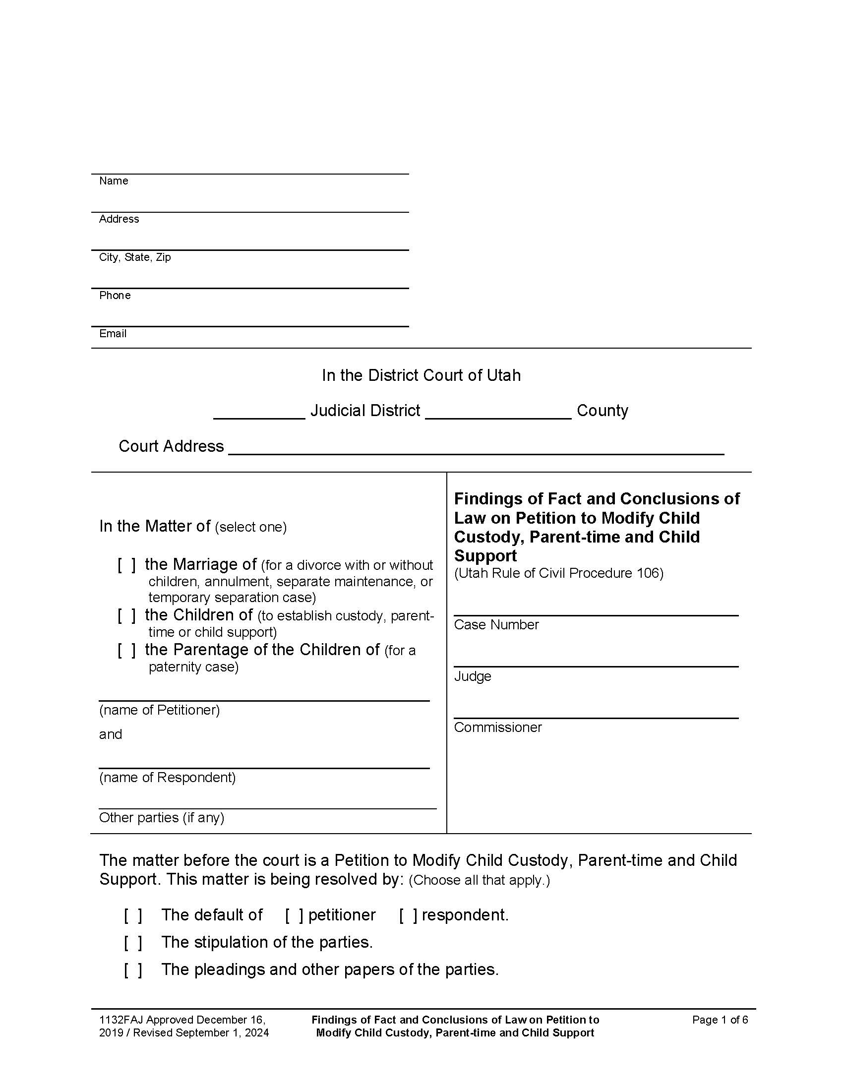 Findings Of Fact Conclusions Of Law Petition To Modify Custody Support {1132FAJ} | Pdf Fpdf Docx | Utah