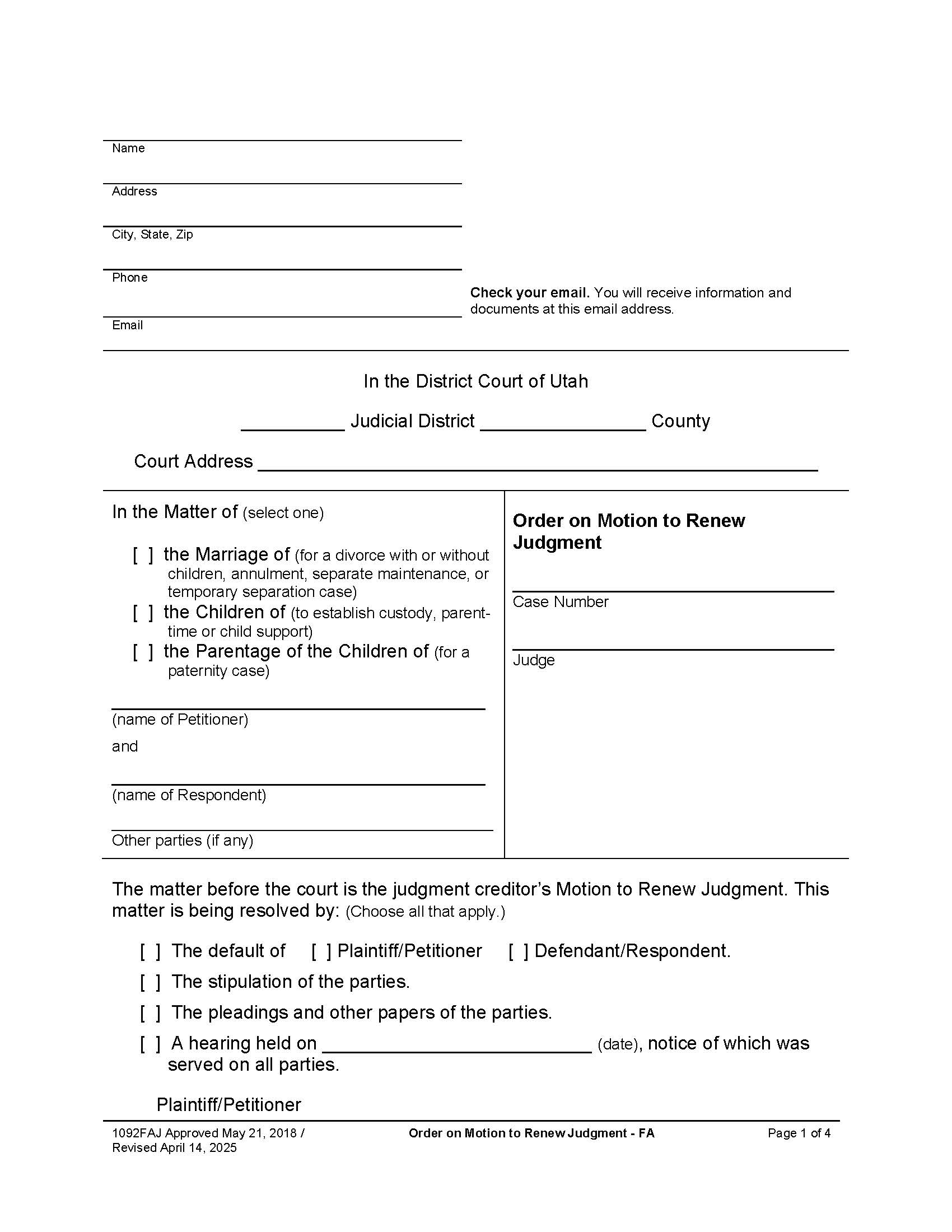 Findings Of Fact Conclusions Order On Motion To Renew Judgment (Family) {1092FAJ} | Pdf Fpdf Docx | Utah