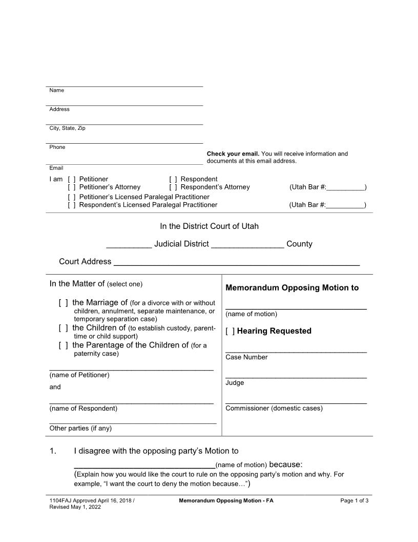 Memorandum Opposing Motion (Family) {1104FAJ} | Pdf Fpdf Docx | Utah