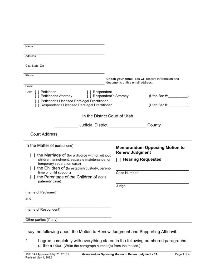 Memorandum Opposing Motion To Renew Judgment (Family - Hearing Requested) {1091FAJ} | Pdf Fpdf Docx | Utah