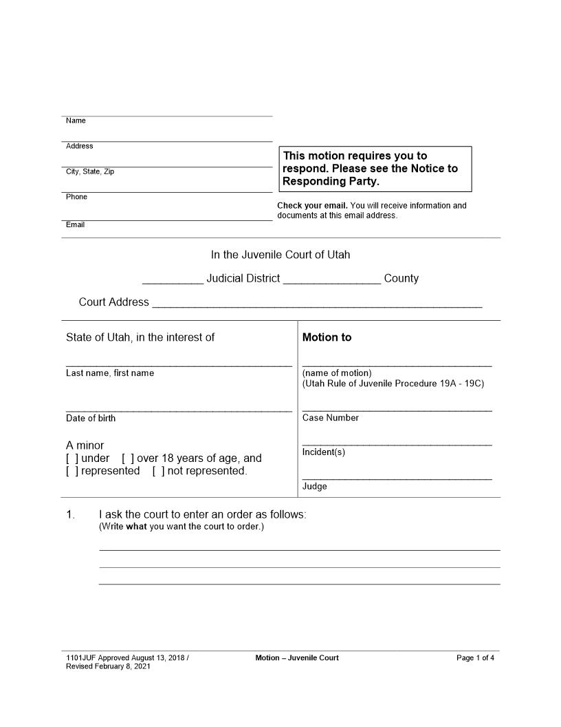 Motion – Juvenile Court {1101JUF} | Pdf Fpdf Docx | Utah
