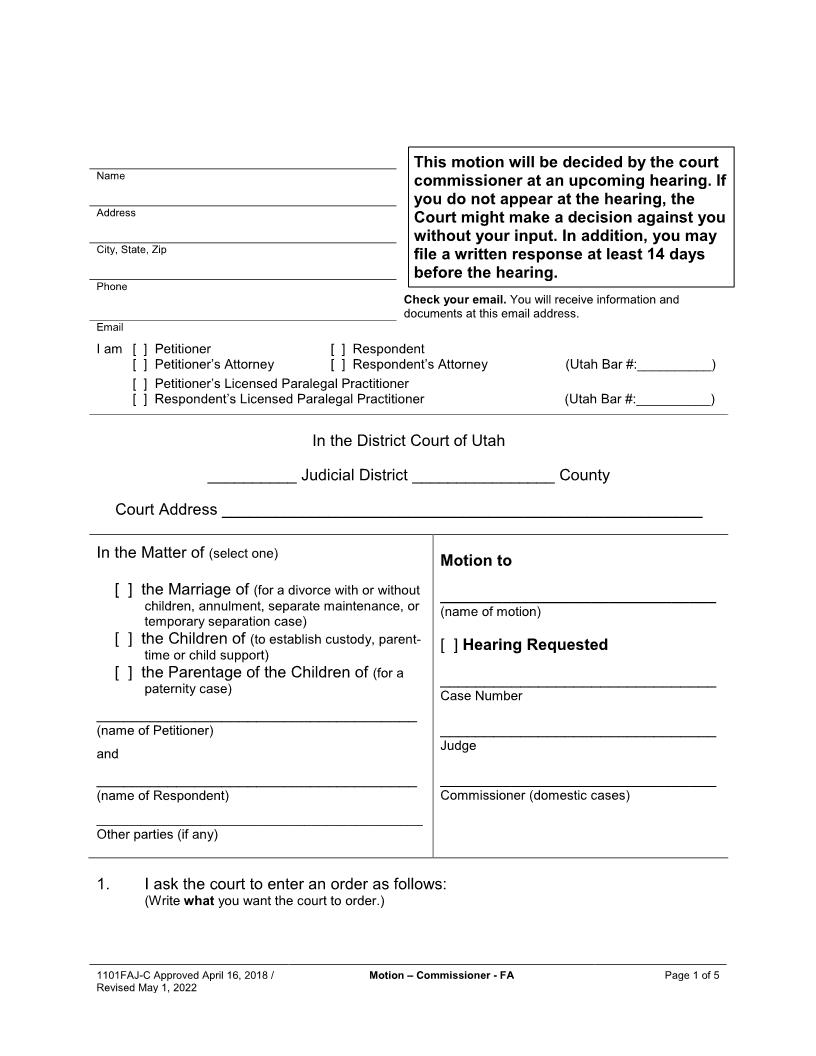 Motion (Family - Commissioner) {1101FAJ-C} | Pdf Fpdf Docx | Utah