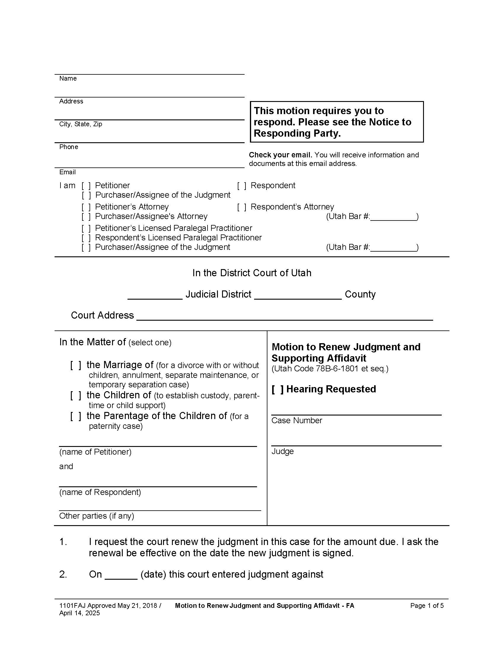 Motion To Renew Judgment And Supporting Affidavit (Family - Hearing Requested) {1101FAJ} | Pdf Fpdf Docx | Utah