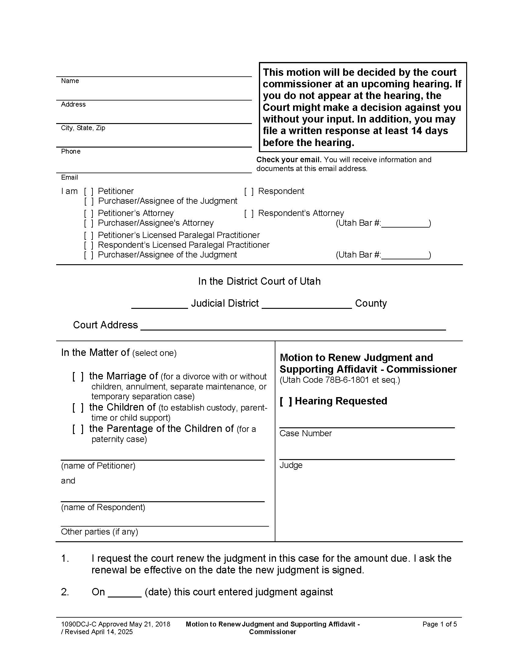 Motion To Renew Judgment And Supporting Affidavit - Commissioner (Family - Hearing Requested) {1090DCJ-C} | Pdf Fpdf Docx | Utah