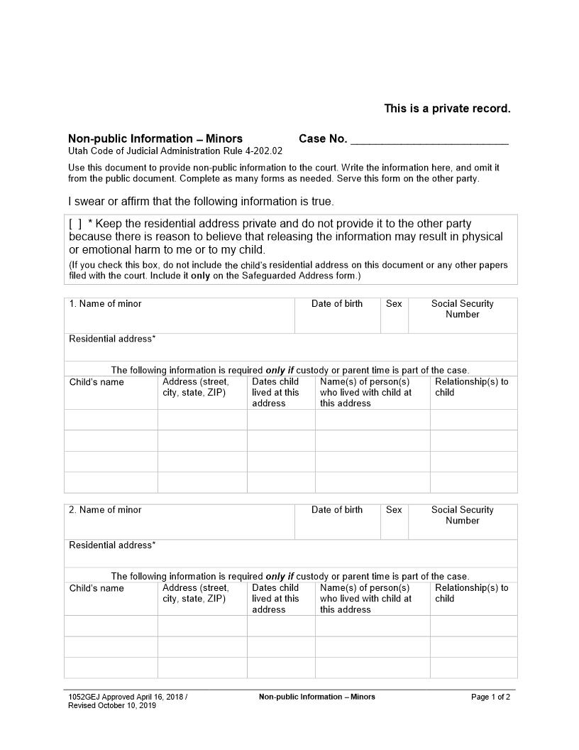 Non-Public Information - Minors {1052GEJ} | Pdf Fpdf Docx | Utah