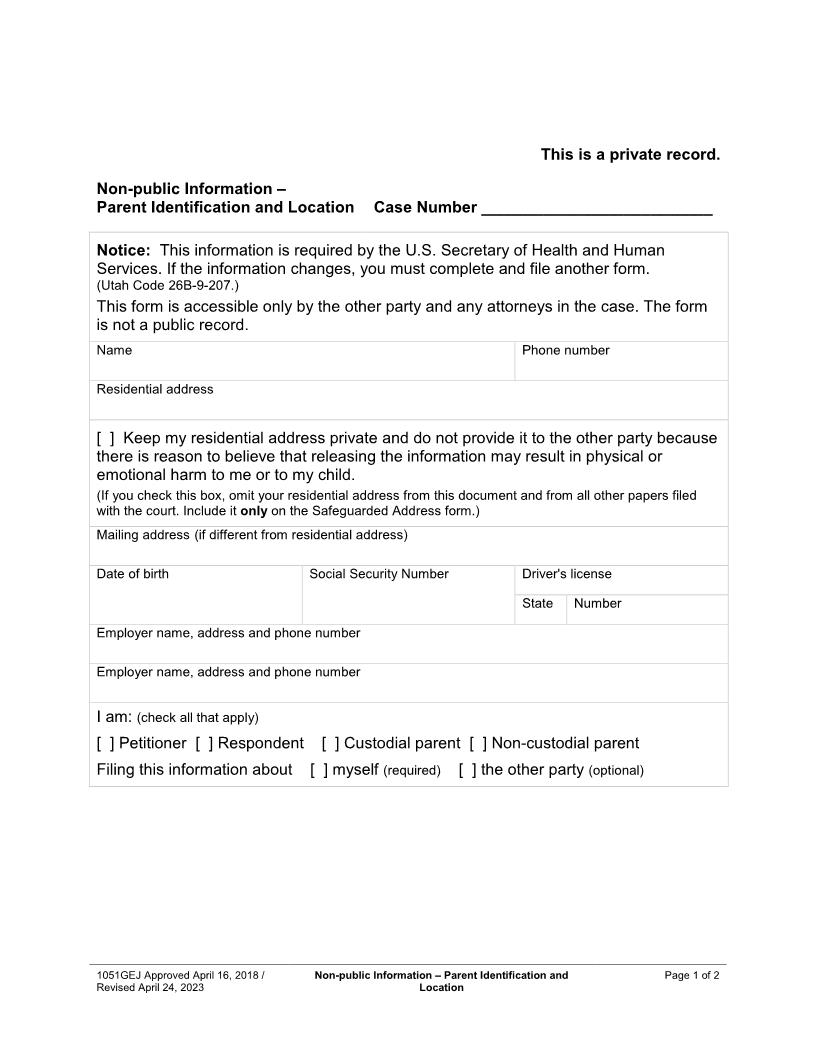 Nonpublic Information - Parent Identification And Location {1051GEJ} | Pdf Fpdf Docx | Utah